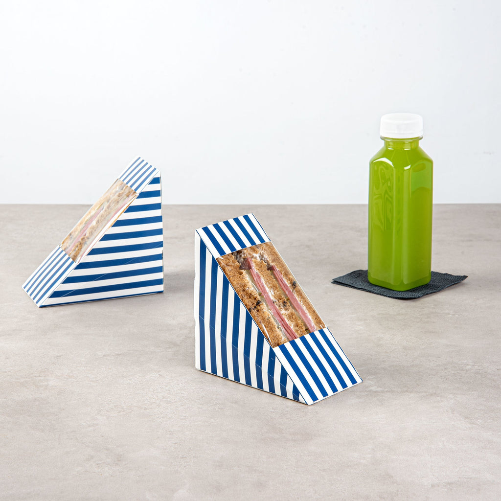 Cafe Vision Triangle Blue and White Stripe Paper Medium Sandwich Box - 4 3/4" x 4 3/4" x 2 3/4" - 25 count box