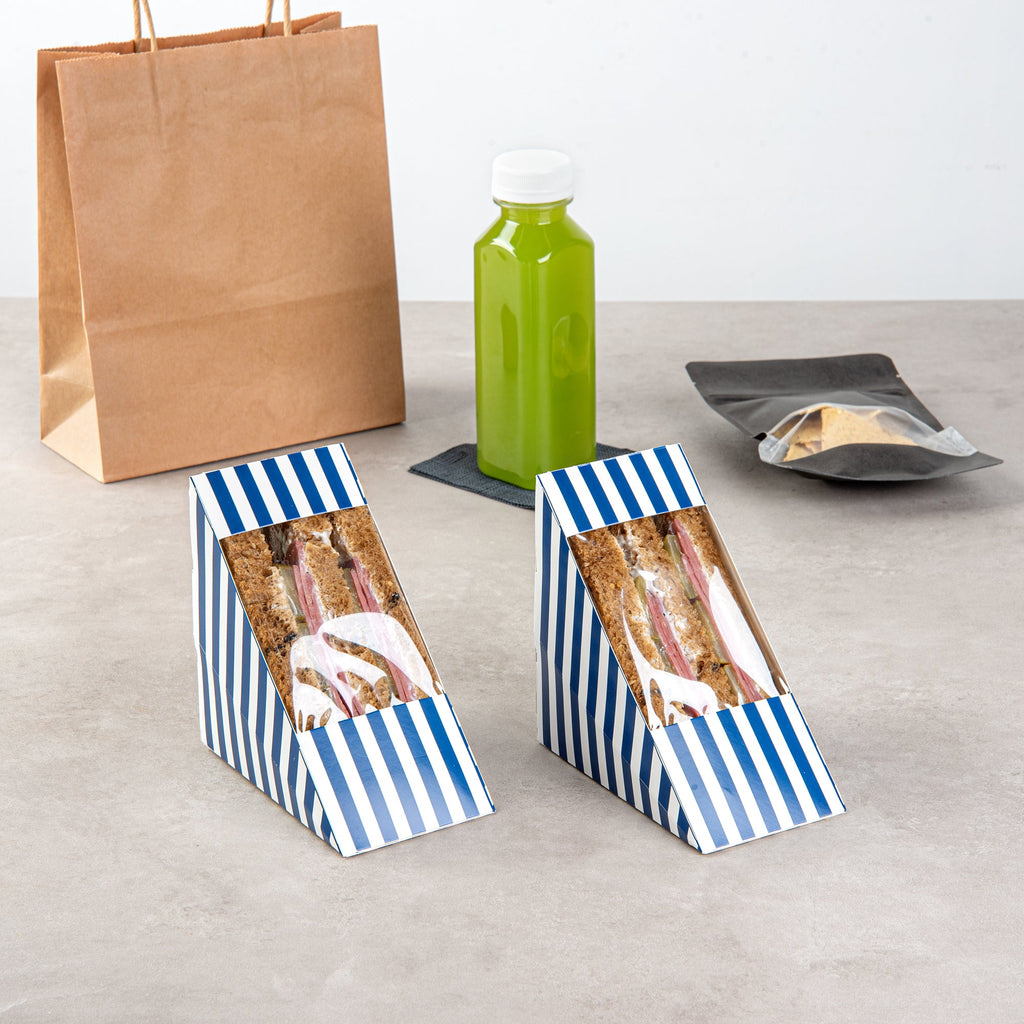 Cafe Vision Triangle Blue and White Stripe Paper Medium Sandwich Box - 4 3/4" x 4 3/4" x 2 3/4" - 25 count box