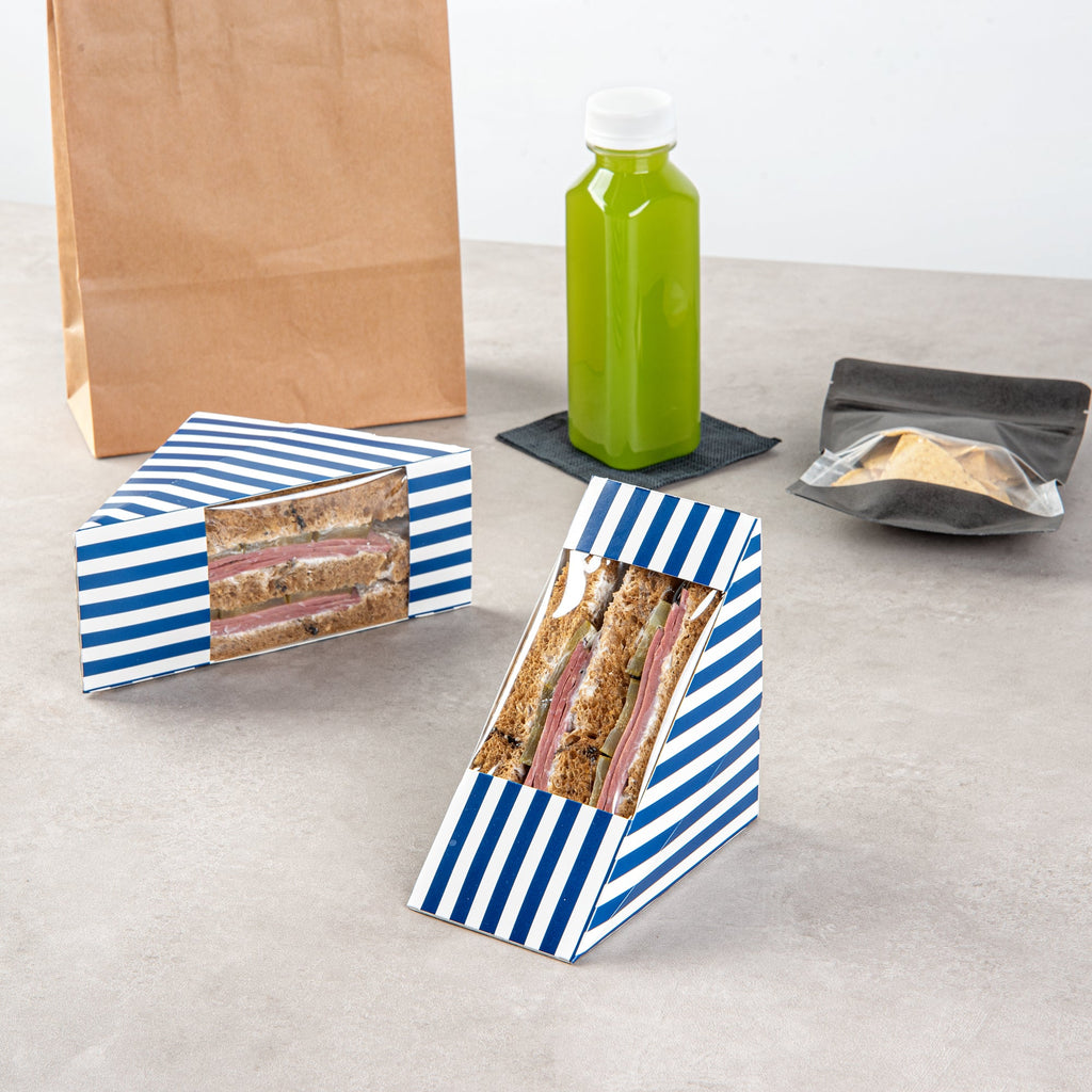 Cafe Vision Triangle Blue and White Stripe Paper Medium Sandwich Box - 4 3/4" x 4 3/4" x 2 3/4" - 200 count box