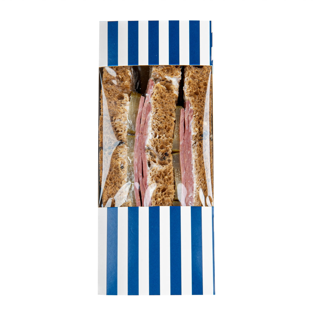 Cafe Vision Triangle Blue and White Stripe Paper Medium Sandwich Box - 4 3/4" x 4 3/4" x 2 3/4" - 200 count box