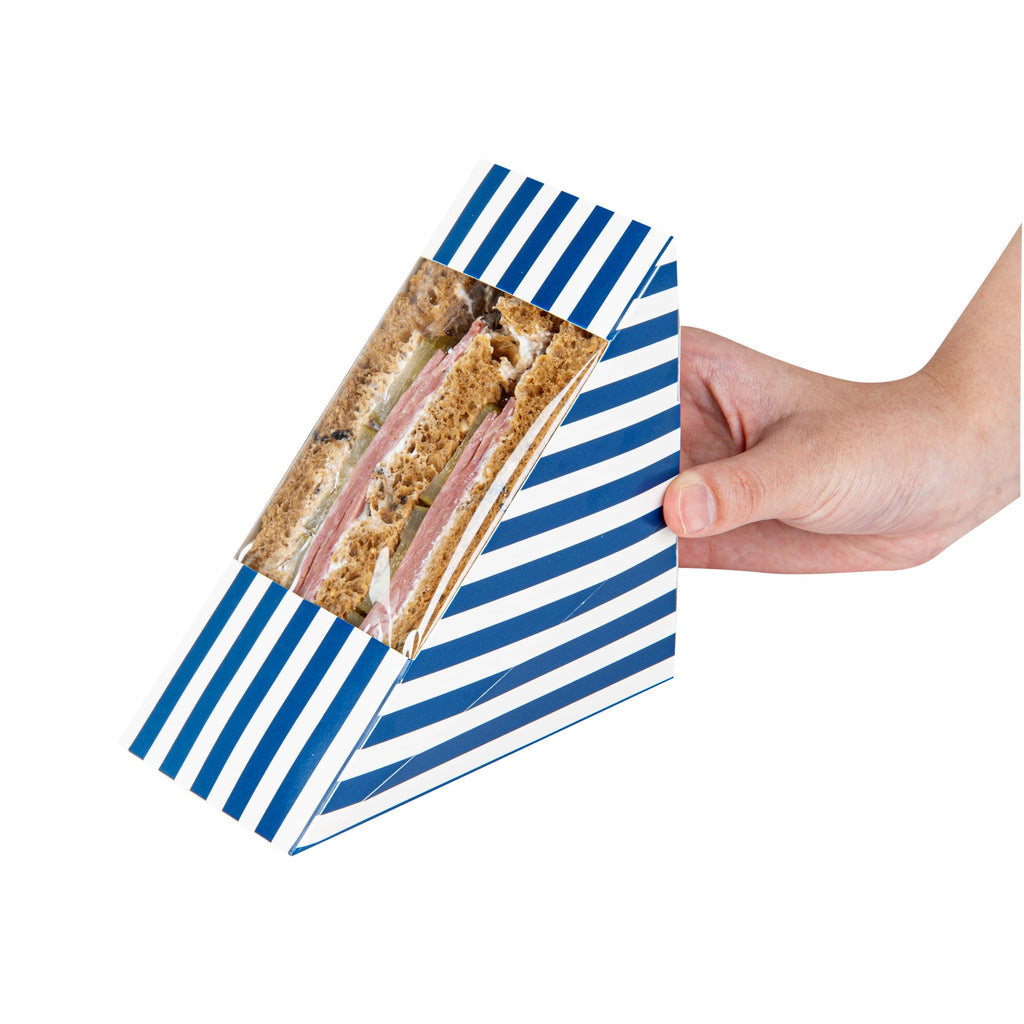 Cafe Vision Triangle Blue and White Stripe Paper Medium Sandwich Box - 4 3/4" x 4 3/4" x 2 3/4" - 200 count box
