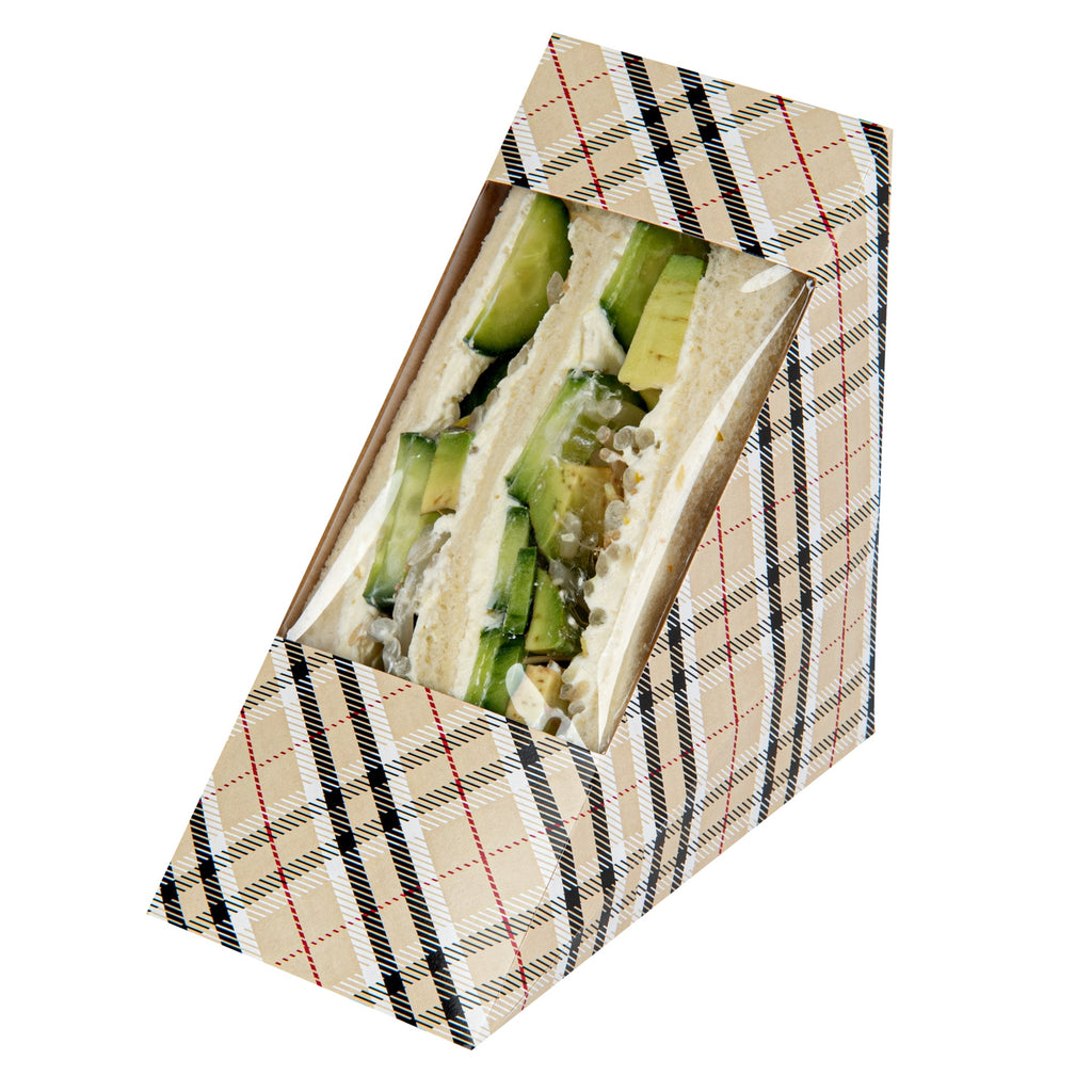 Cafe Vision Triangle Plaid Paper Medium Sandwich Box - 4 3/4" x 4 3/4" x 2 3/4" - 25 count box