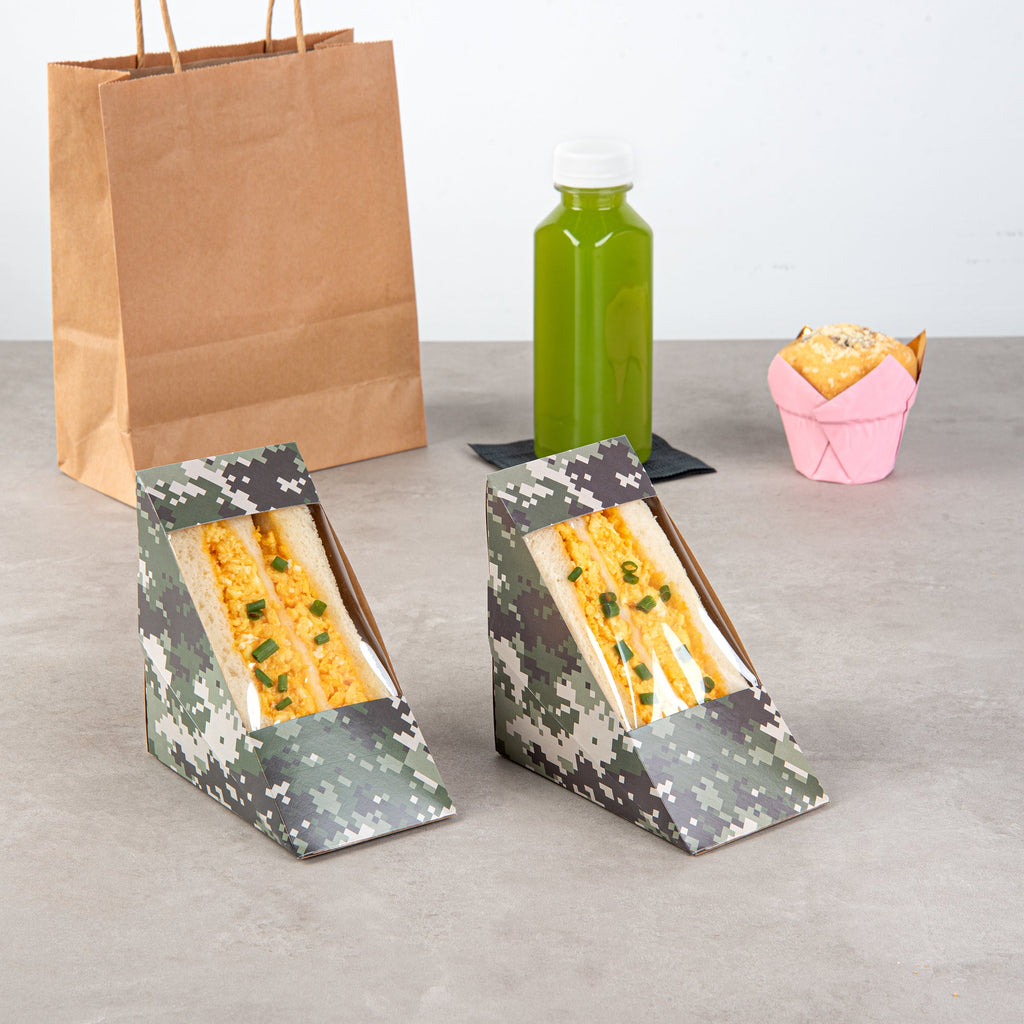 Cafe Vision Triangle Camouflage Paper Medium Sandwich Box - 4 3/4" x 4 3/4" x 2 3/4" - 25 count box