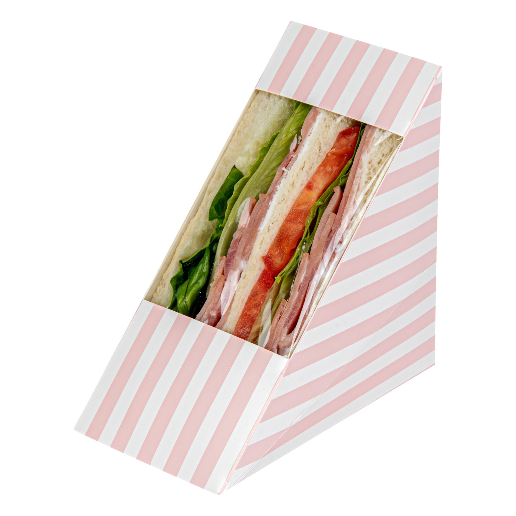 Cafe Vision Triangle Pink and White Stripe Paper Medium Sandwich Box - 4 3/4" x 4 3/4" x 2 3/4" - 25 count box