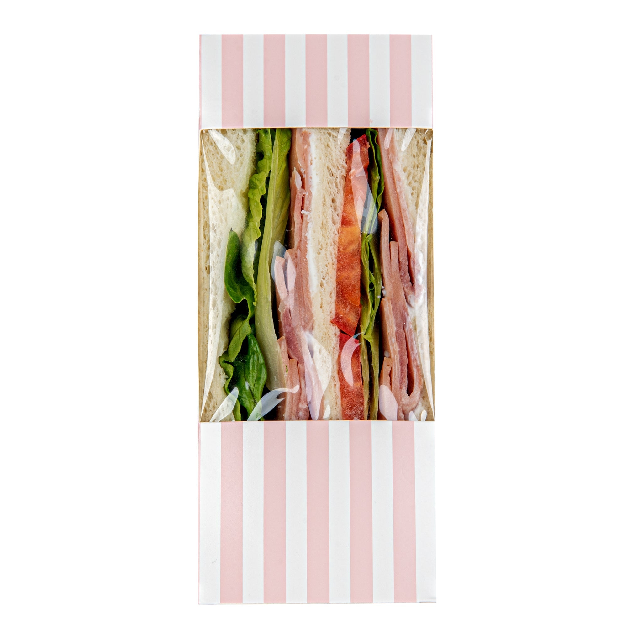 Cafe Vision Triangle Pink and White Stripe Paper Medium Sandwich Box - 4 3/4" x 4 3/4" x 2 3/4" - 25 count box