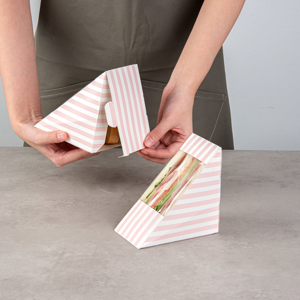 Cafe Vision Triangle Pink and White Stripe Paper Medium Sandwich Box - 4 3/4" x 4 3/4" x 2 3/4" - 25 count box