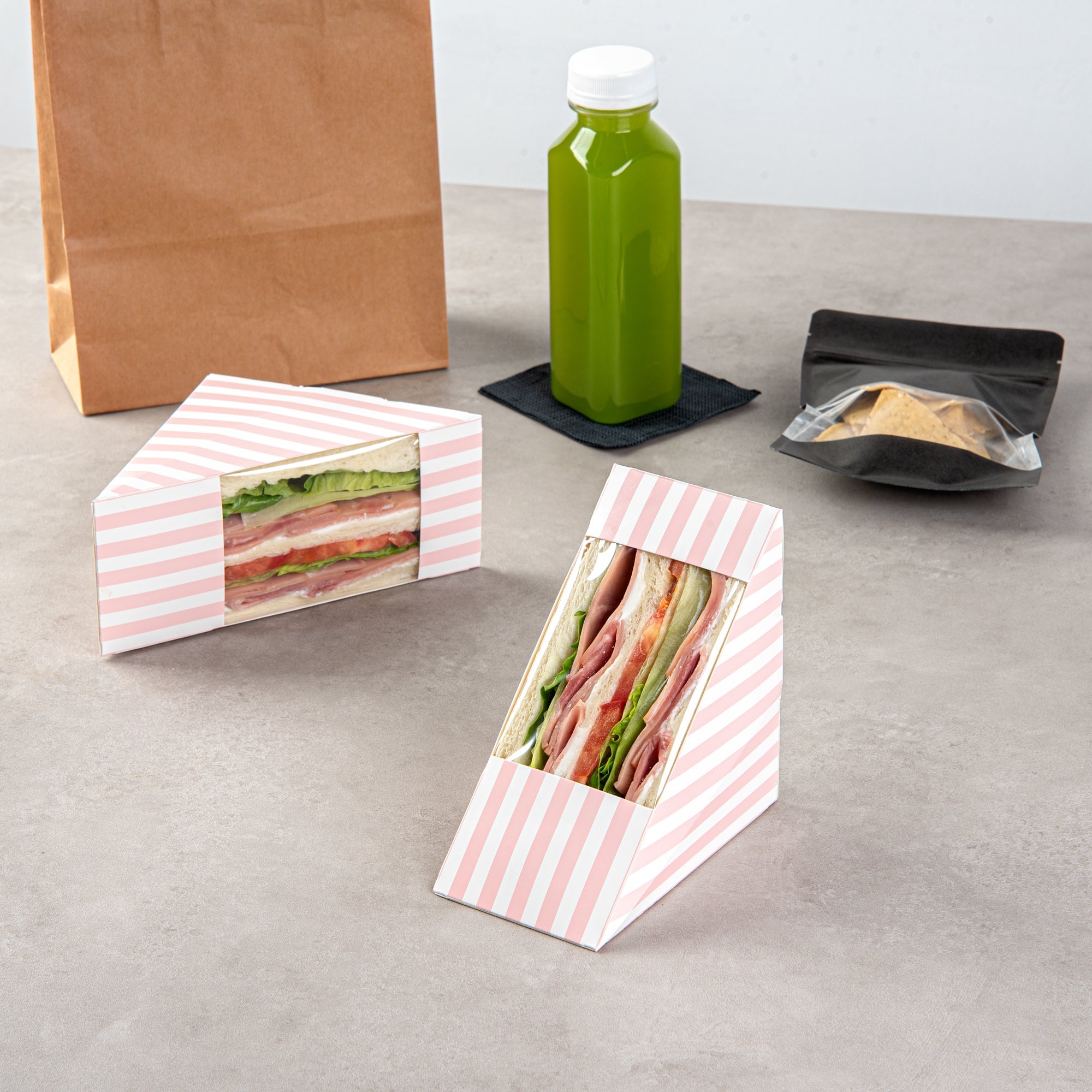 Cafe Vision Triangle Pink and White Stripe Paper Medium Sandwich Box - 4 3/4" x 4 3/4" x 2 3/4" - 200 count box
