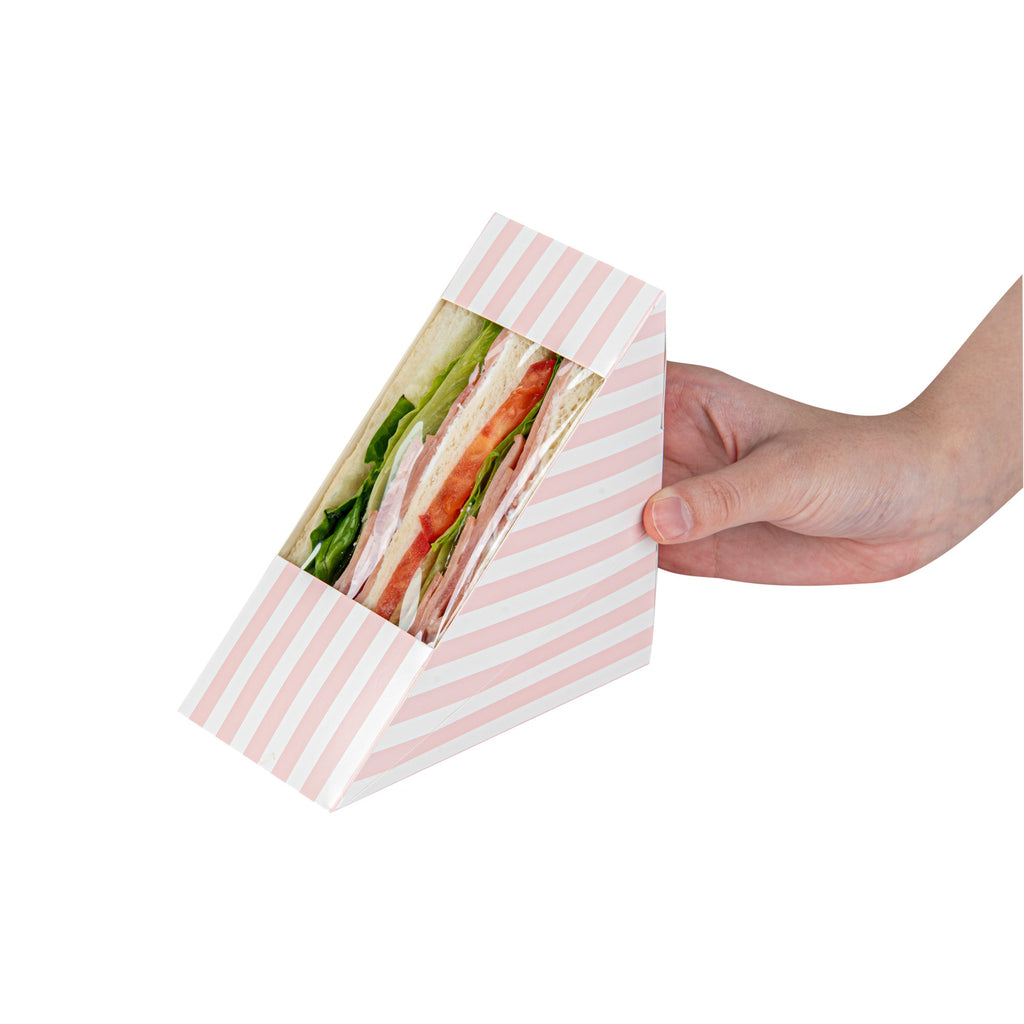 Cafe Vision Triangle Pink and White Stripe Paper Medium Sandwich Box - 4 3/4" x 4 3/4" x 2 3/4" - 200 count box