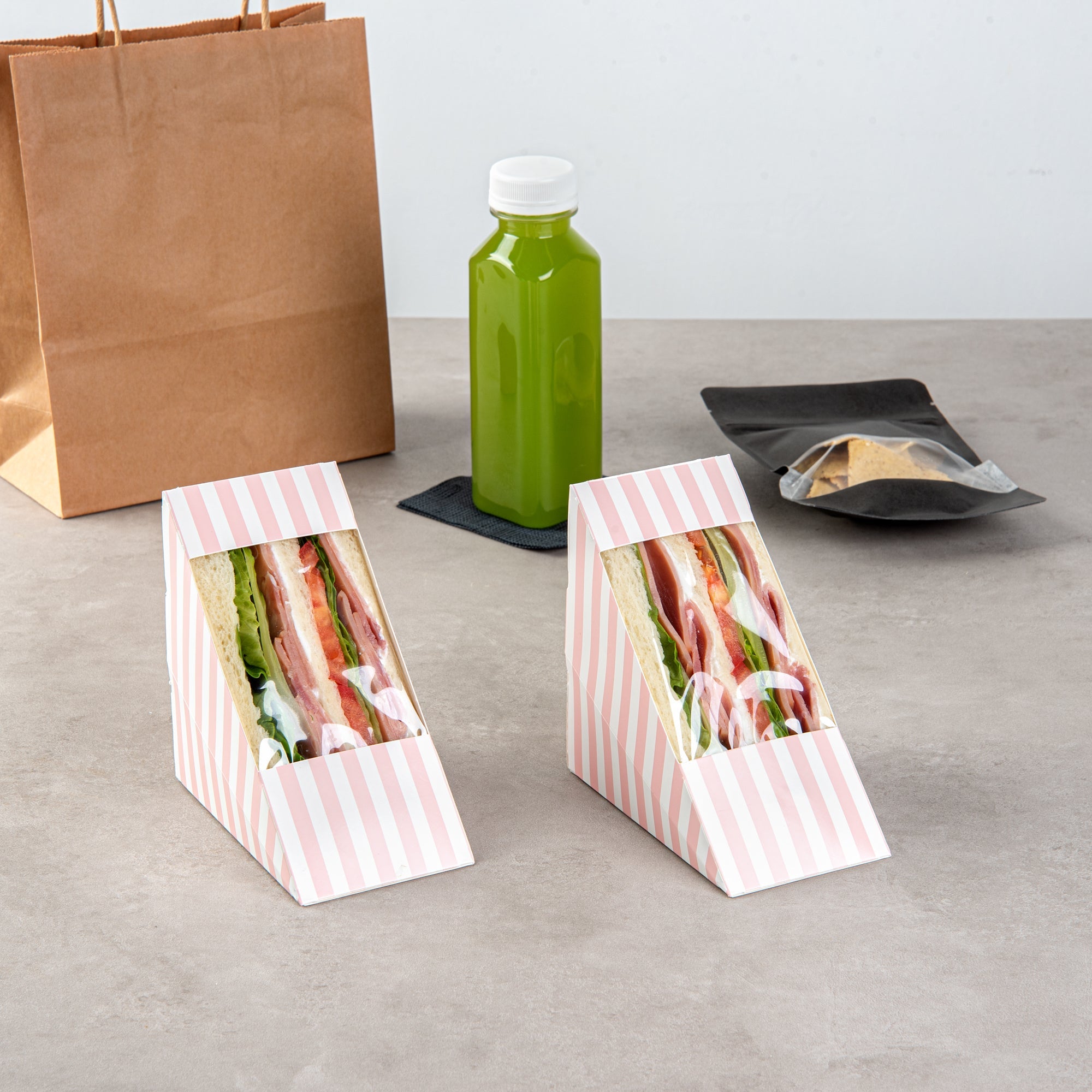 Cafe Vision Triangle Pink and White Stripe Paper Medium Sandwich Box - 4 3/4" x 4 3/4" x 2 3/4" - 200 count box