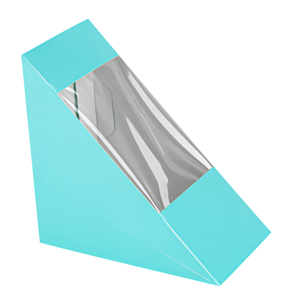 Cafe Vision Triangle Turquoise Paper Medium Sandwich Box - 4 3/4" x 4 3/4" x 2 3/4" - 25 count box