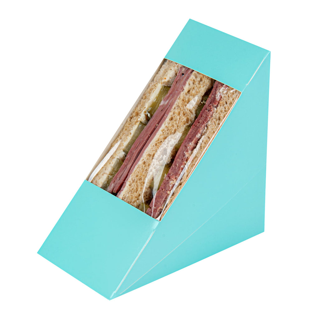 Cafe Vision Triangle Turquoise Paper Medium Sandwich Box - 4 3/4" x 4 3/4" x 2 3/4" - 25 count box