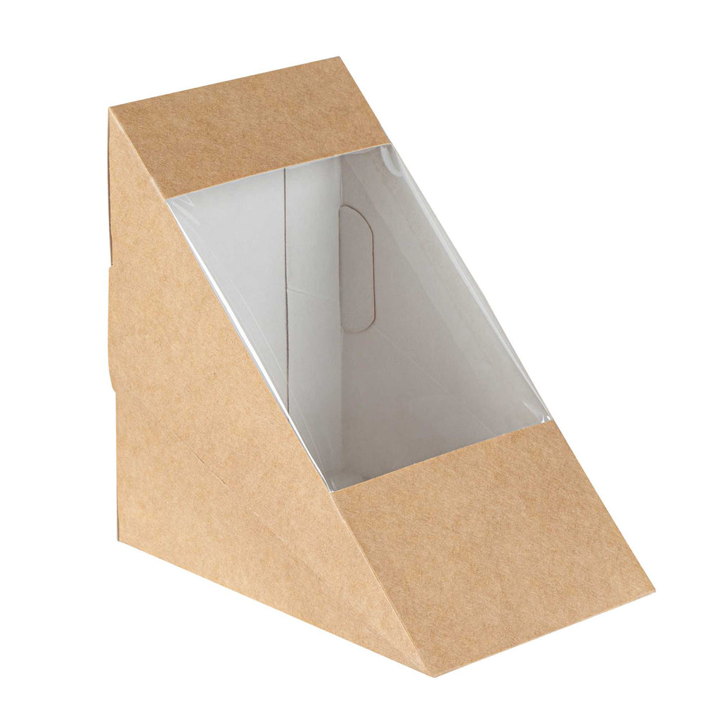 Cafe Vision Triangle Kraft Paper Large Sandwich Box - 4 3/4" x 4 3/4" x 3 1/4" - 25 count box