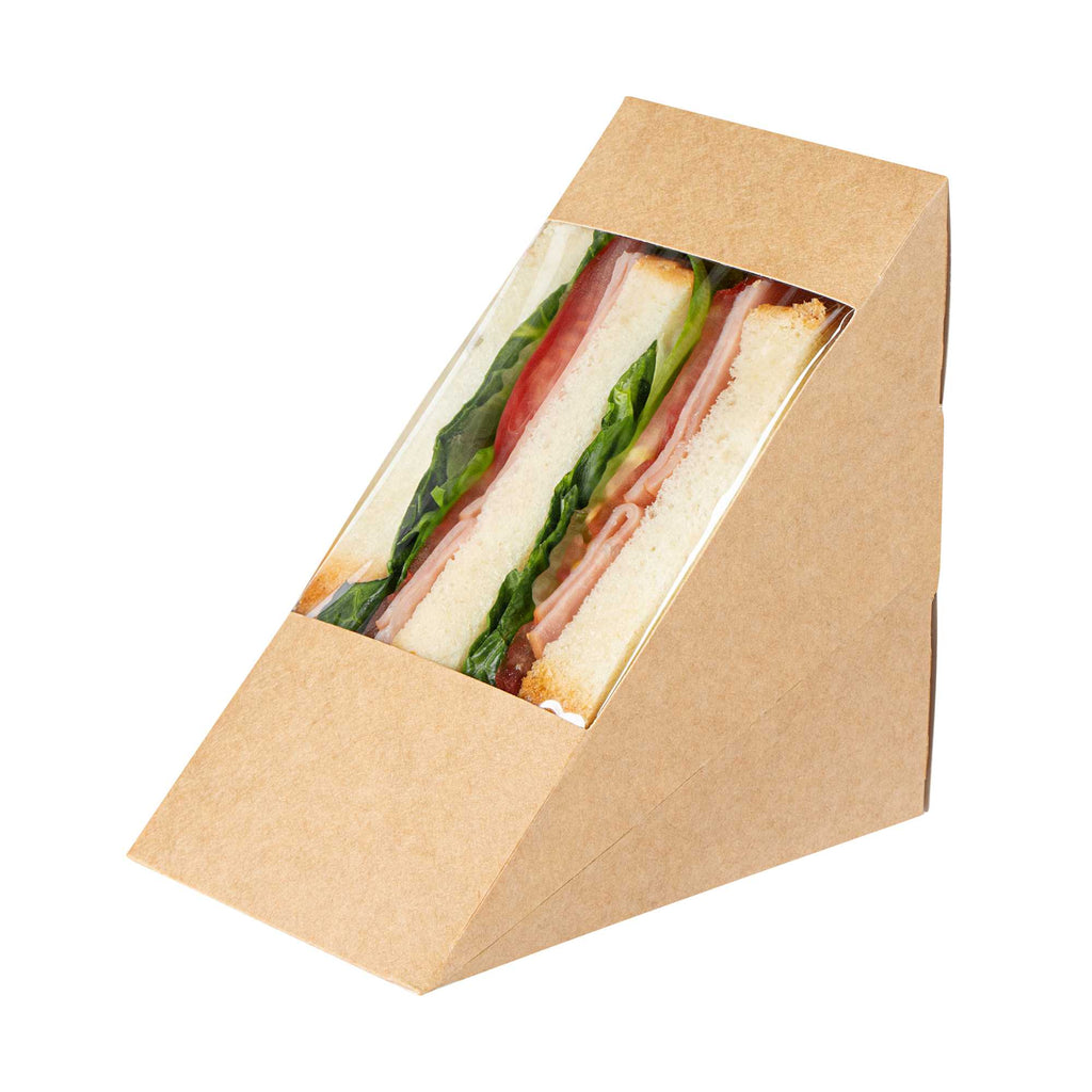 Cafe Vision Triangle Kraft Paper Large Sandwich Box - 4 3/4" x 4 3/4" x 3 1/4" - 25 count box