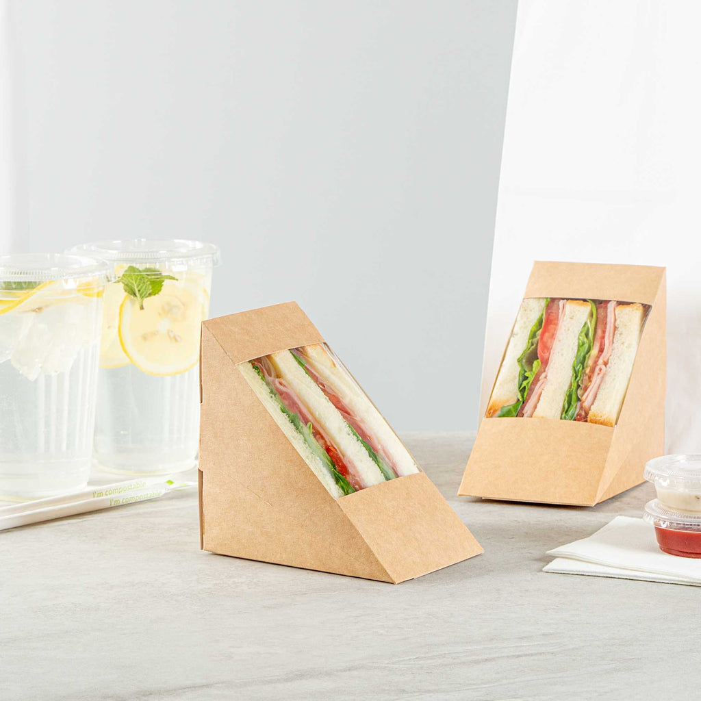 Cafe Vision Triangle Kraft Paper Large Sandwich Box - 4 3/4" x 4 3/4" x 3 1/4" - 25 count box