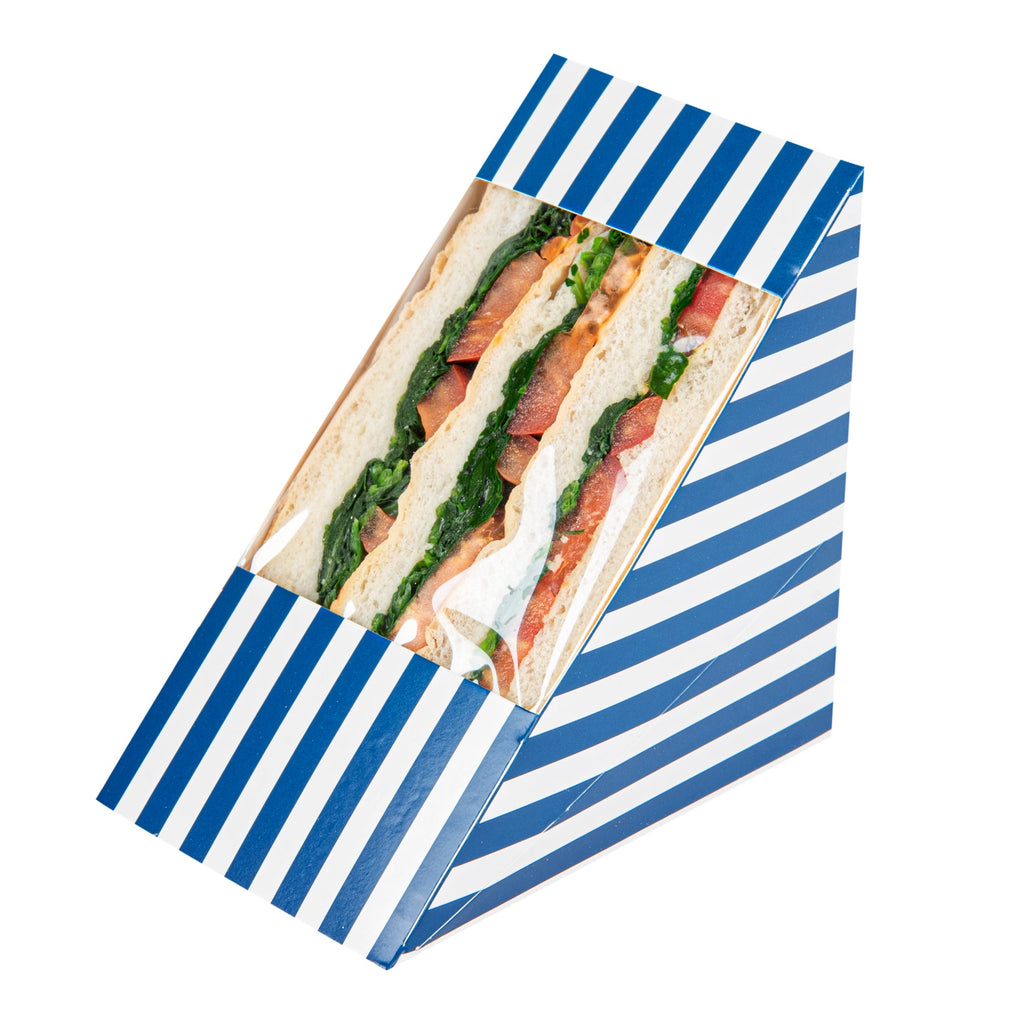 Cafe Vision Triangle Blue and White Stripe Paper Large Sandwich Box - 4 3/4" x 4 3/4" x 3 1/4" - 25 count box