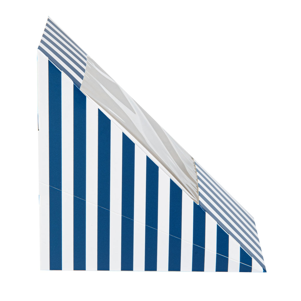 Cafe Vision Triangle Blue and White Stripe Paper Large Sandwich Box - 4 3/4" x 4 3/4" x 3 1/4" - 25 count box