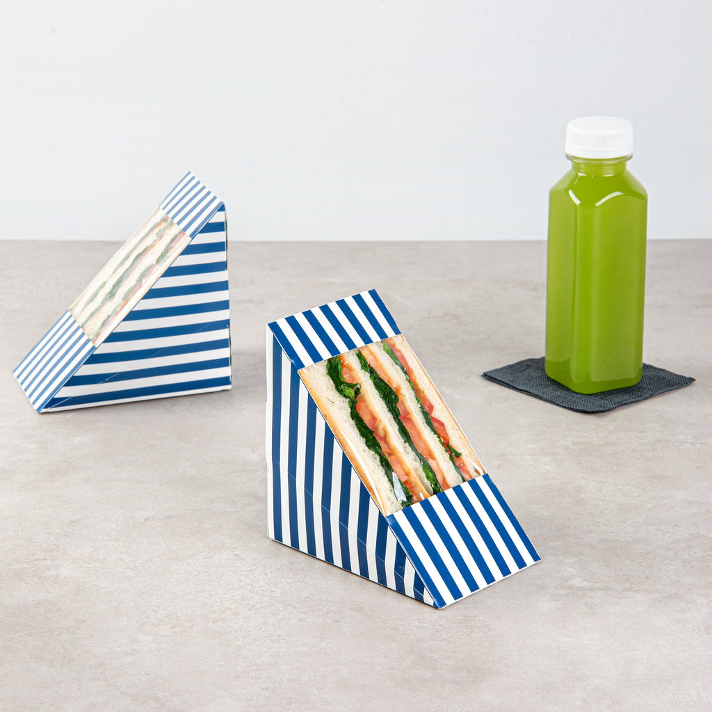 Cafe Vision Triangle Blue and White Stripe Paper Large Sandwich Box - 4 3/4" x 4 3/4" x 3 1/4" - 25 count box