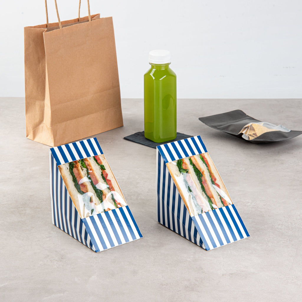 Cafe Vision Triangle Blue and White Stripe Paper Large Sandwich Box - 4 3/4" x 4 3/4" x 3 1/4" - 25 count box