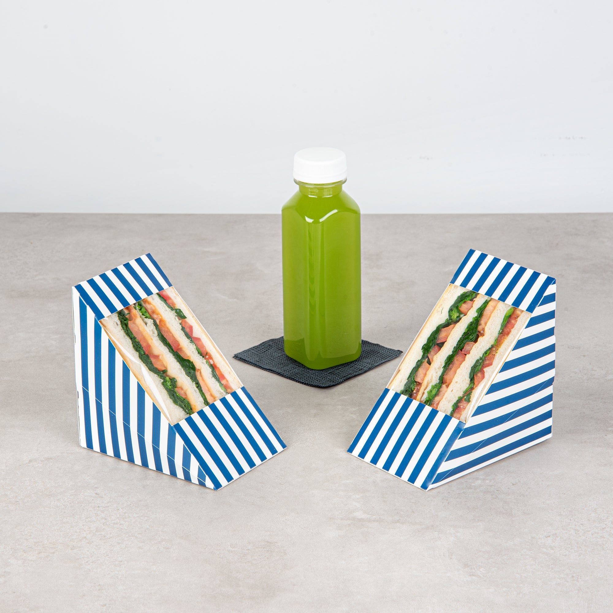 Cafe Vision Triangle Blue and White Stripe Paper Large Sandwich Box - 4 3/4" x 4 3/4" x 3 1/4" - 25 count box