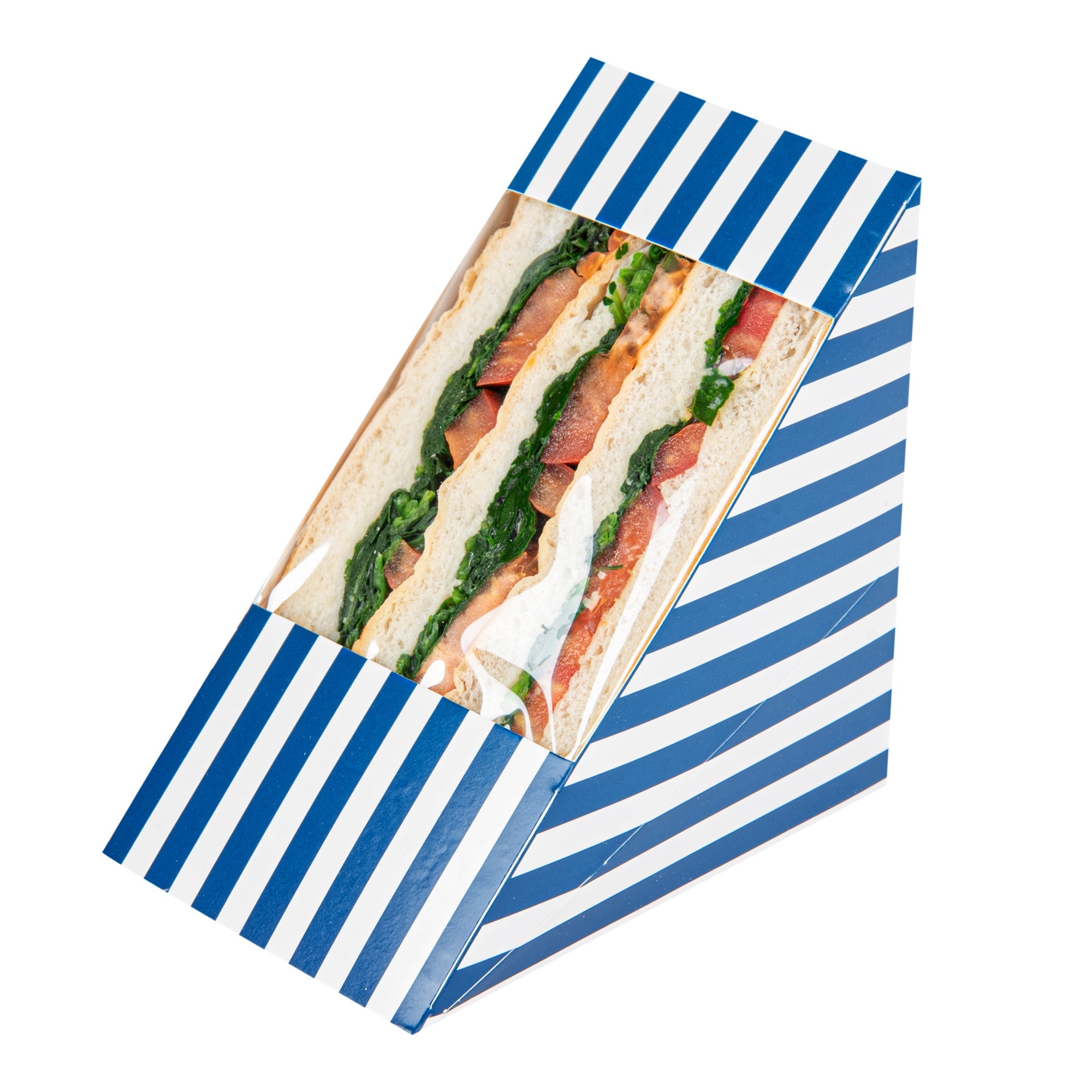 Cafe Vision Triangle Blue and White Stripe Paper Large Sandwich Box - 4 3/4" x 4 3/4" x 3 1/4" - 200 count box