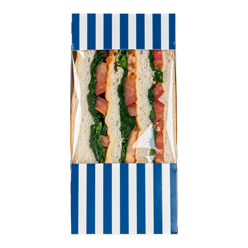 Cafe Vision Triangle Blue and White Stripe Paper Large Sandwich Box - 4 3/4" x 4 3/4" x 3 1/4" - 200 count box