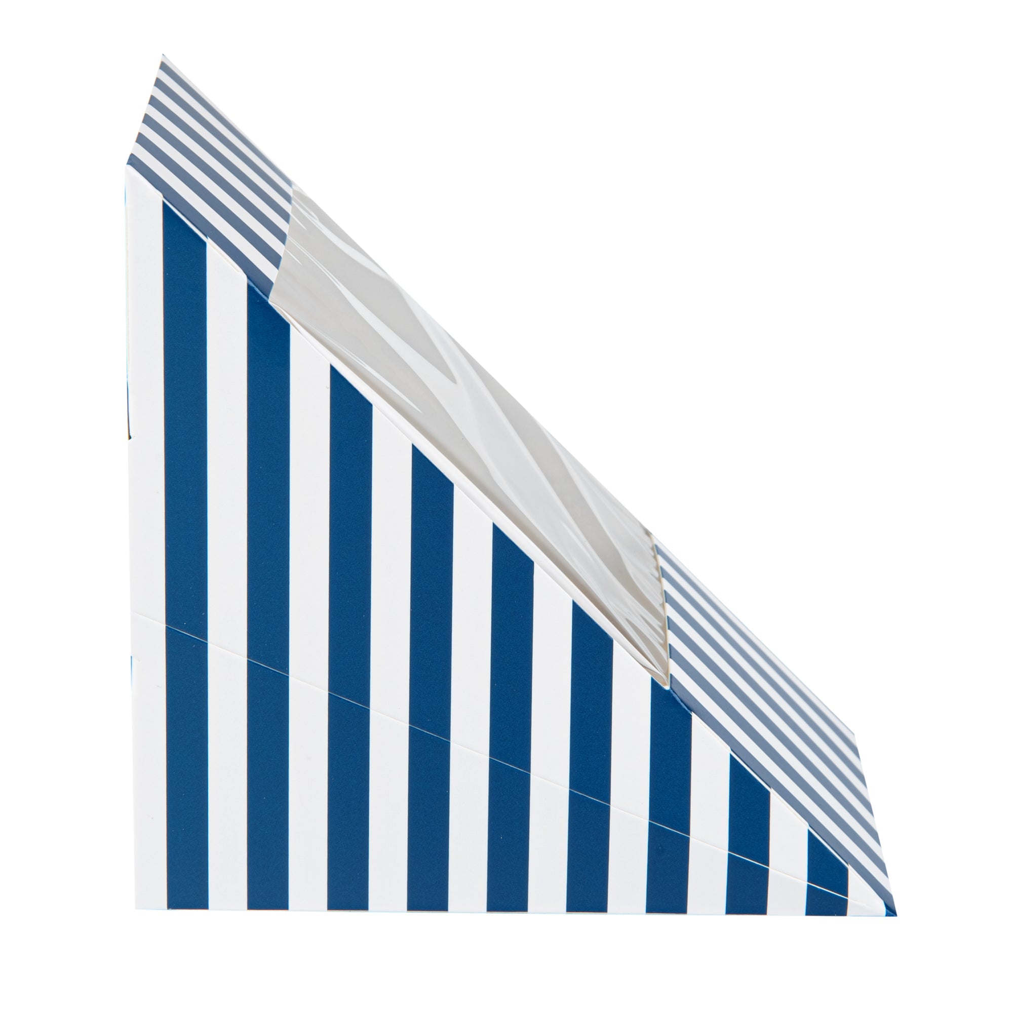 Cafe Vision Triangle Blue and White Stripe Paper Large Sandwich Box - 4 3/4" x 4 3/4" x 3 1/4" - 200 count box