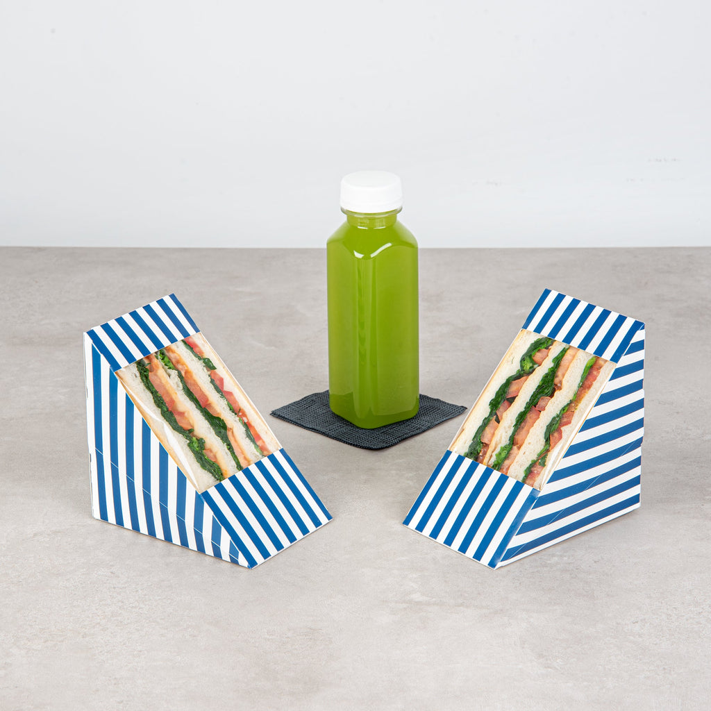 Cafe Vision Triangle Blue and White Stripe Paper Large Sandwich Box - 4 3/4" x 4 3/4" x 3 1/4" - 200 count box