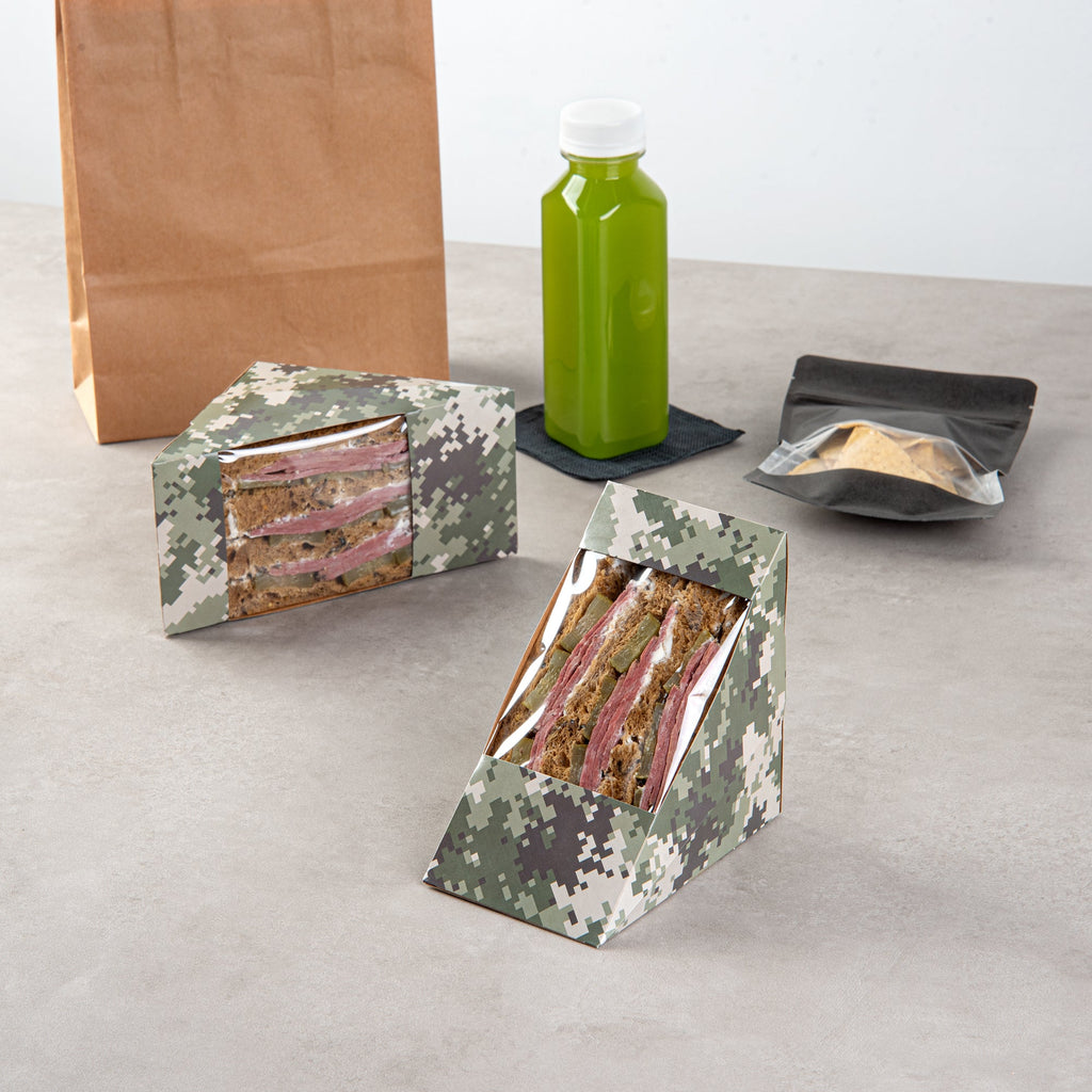 Cafe Vision Triangle Camouflage Paper Large Sandwich Box - 4 3/4" x 4 3/4" x 3 1/4" - 25 count box