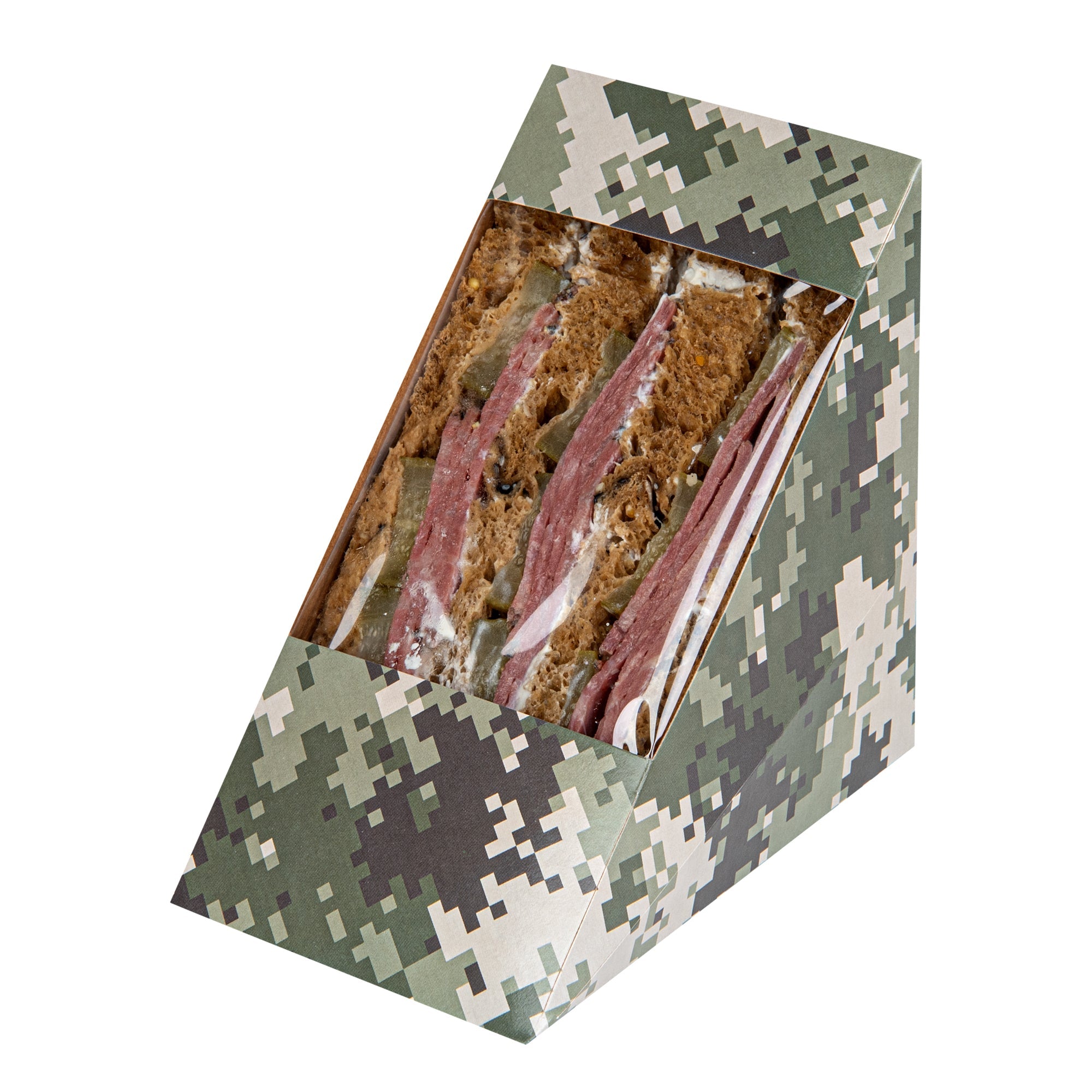 Cafe Vision Triangle Camouflage Paper Large Sandwich Box - 4 3/4" x 4 3/4" x 3 1/4" - 25 count box