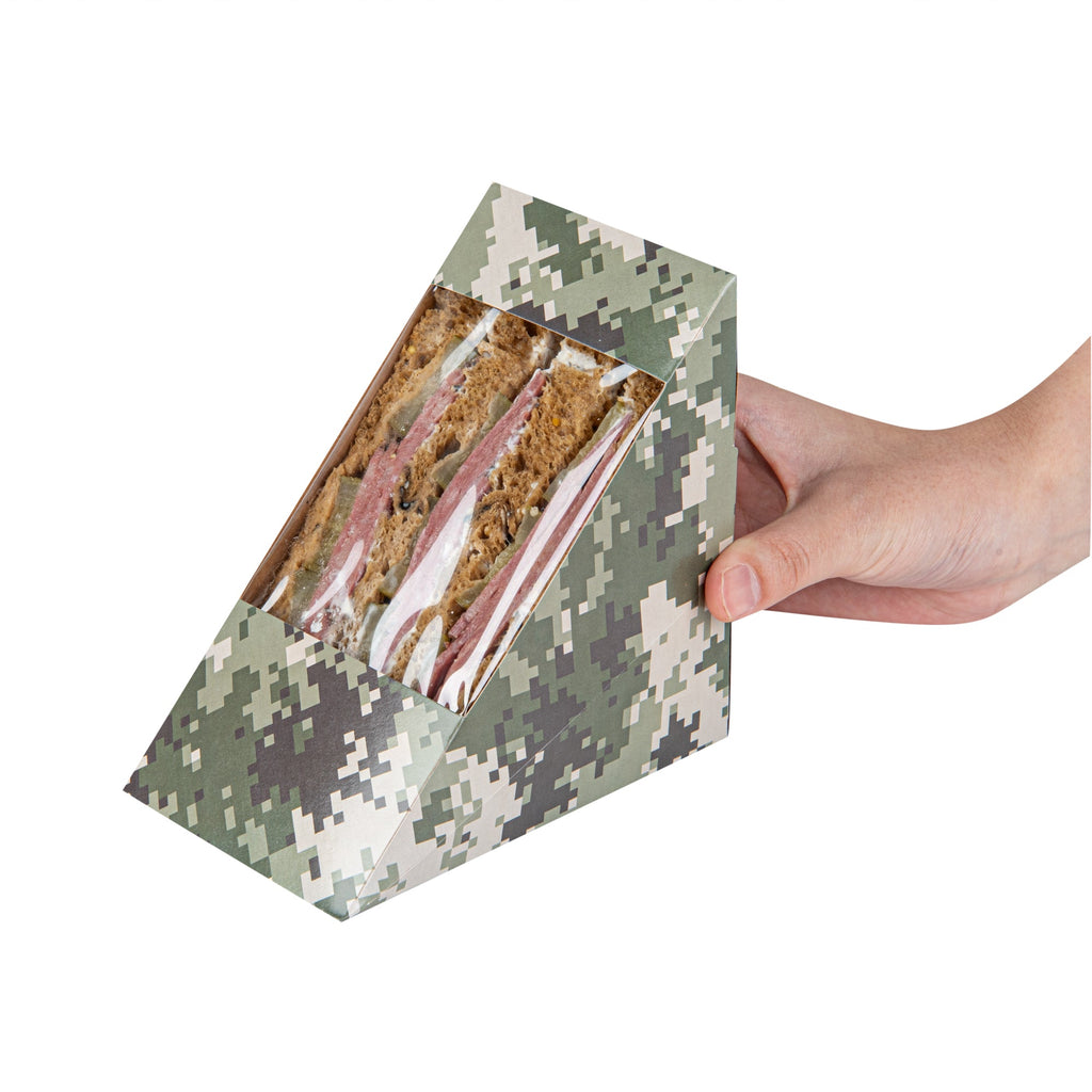 Cafe Vision Triangle Camouflage Paper Large Sandwich Box - 4 3/4" x 4 3/4" x 3 1/4" - 25 count box