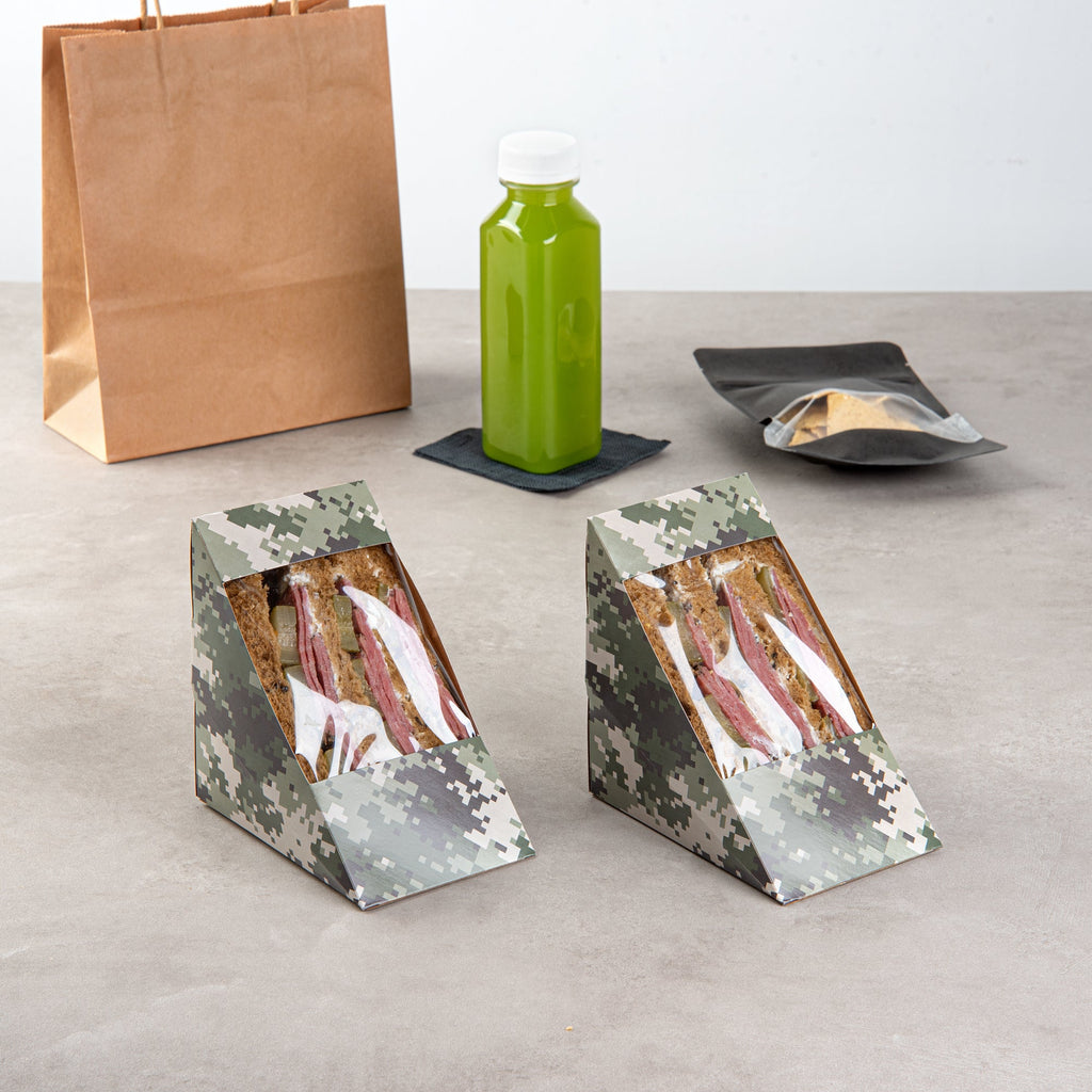 Cafe Vision Triangle Camouflage Paper Large Sandwich Box - 4 3/4" x 4 3/4" x 3 1/4" - 25 count box