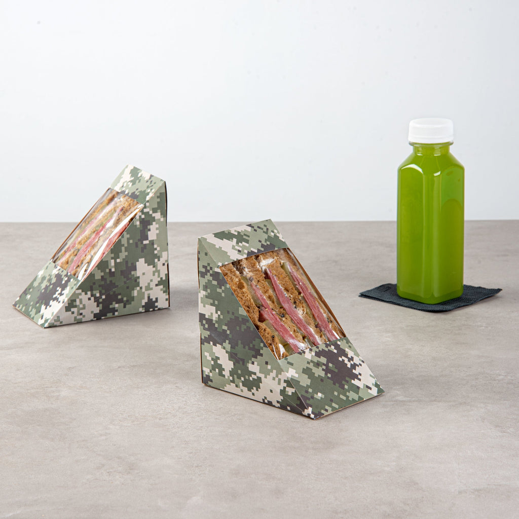 Cafe Vision Triangle Camouflage Paper Large Sandwich Box - 4 3/4" x 4 3/4" x 3 1/4" - 200 count box