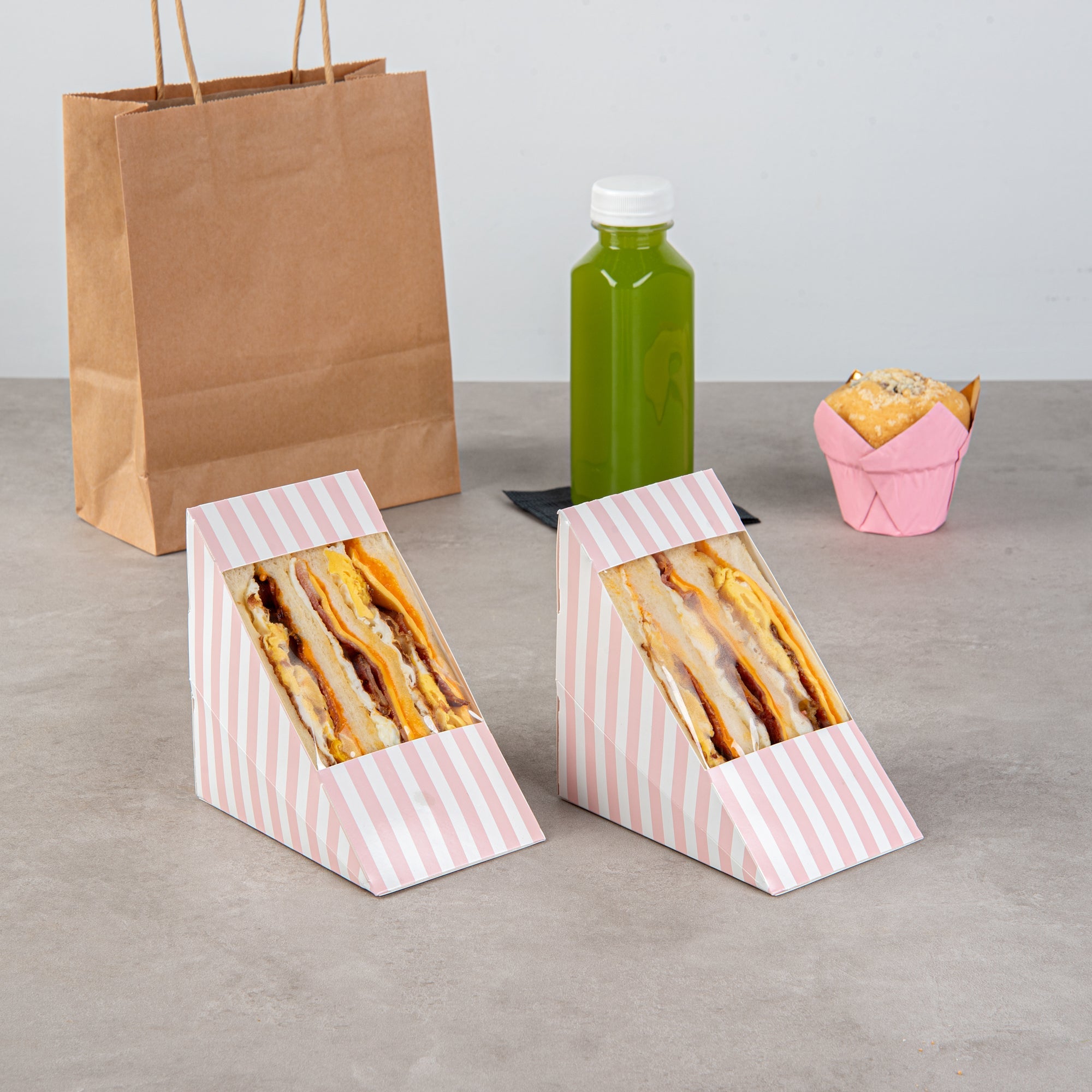 Cafe Vision Triangle Pink and White Stripe Paper Large Sandwich Box - 4 3/4" x 4 3/4" x 3 1/4" - 25 count box