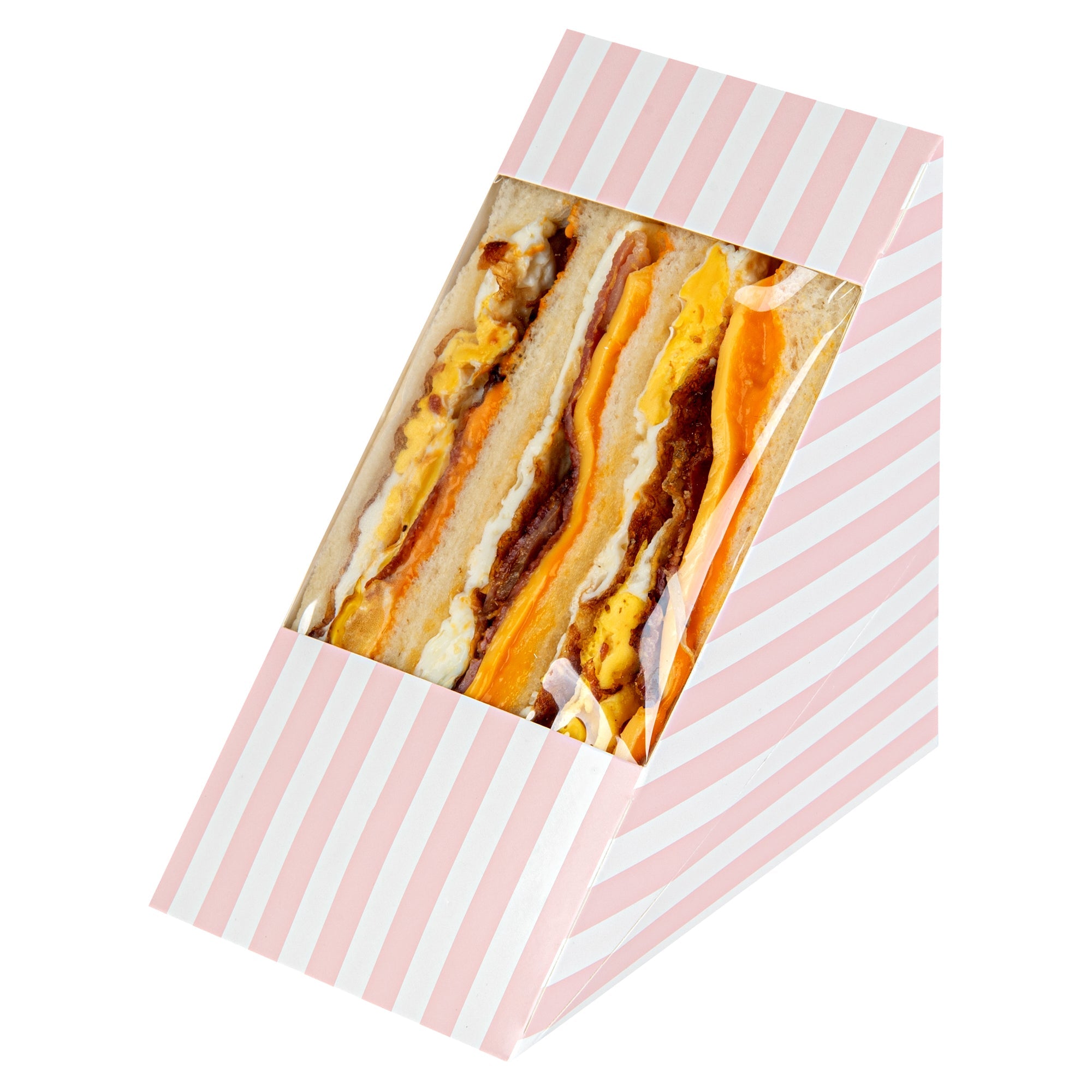 Cafe Vision Triangle Pink and White Stripe Paper Large Sandwich Box - 4 3/4" x 4 3/4" x 3 1/4" - 25 count box