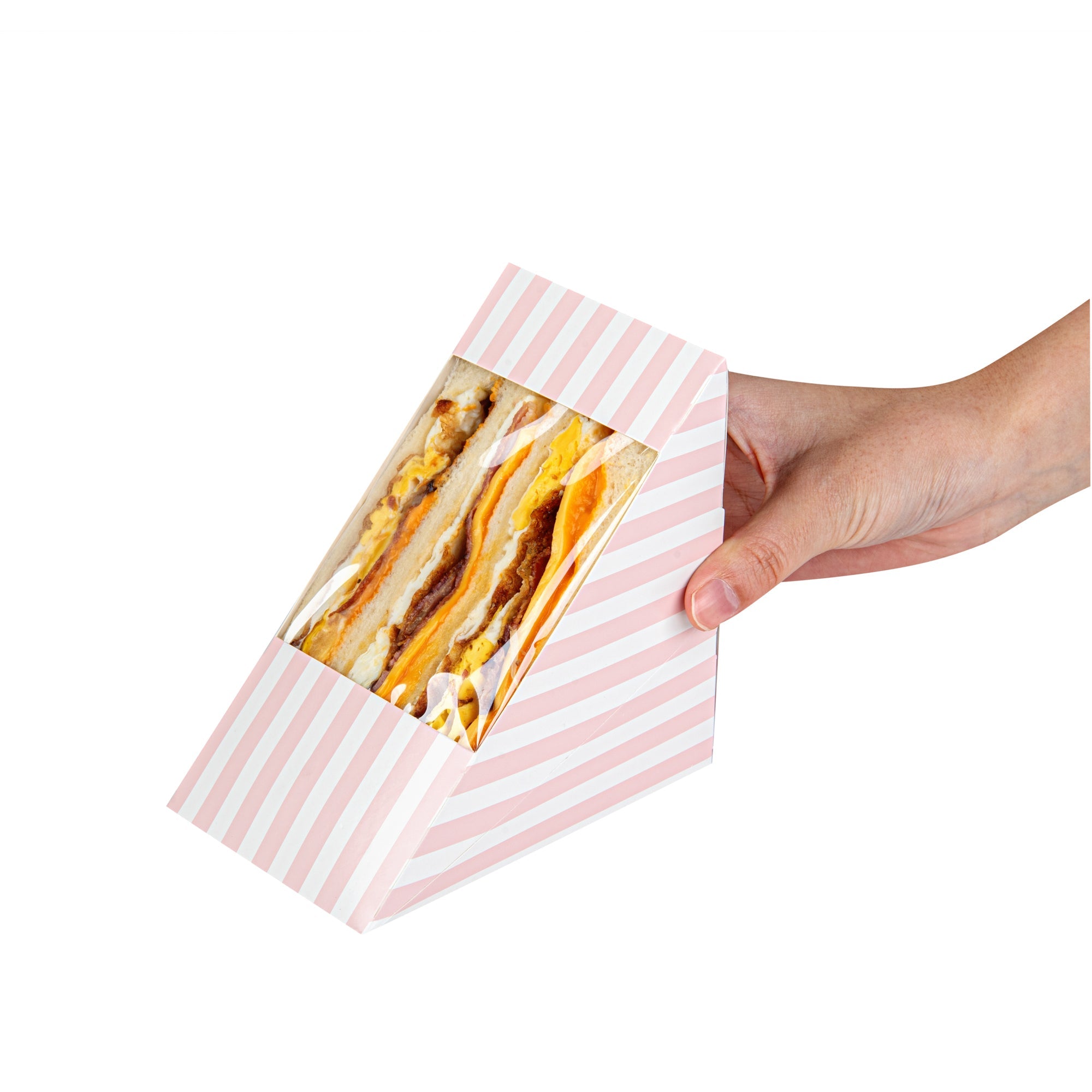 Cafe Vision Triangle Pink and White Stripe Paper Large Sandwich Box - 4 3/4" x 4 3/4" x 3 1/4" - 25 count box
