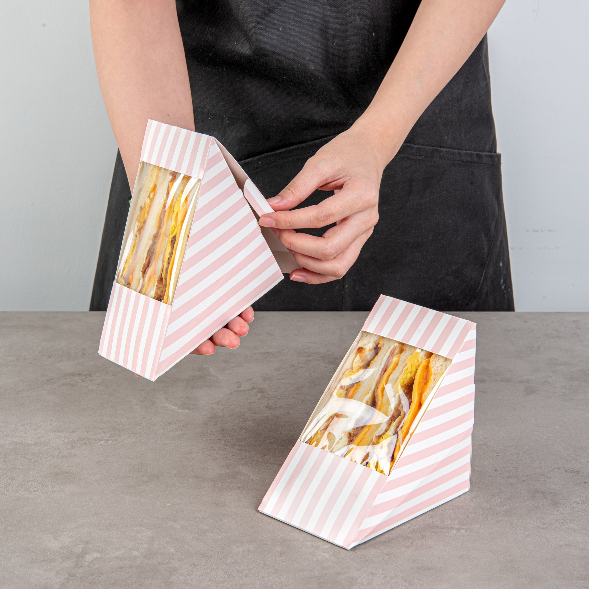 Cafe Vision Triangle Pink and White Stripe Paper Large Sandwich Box - 4 3/4" x 4 3/4" x 3 1/4" - 200 count box