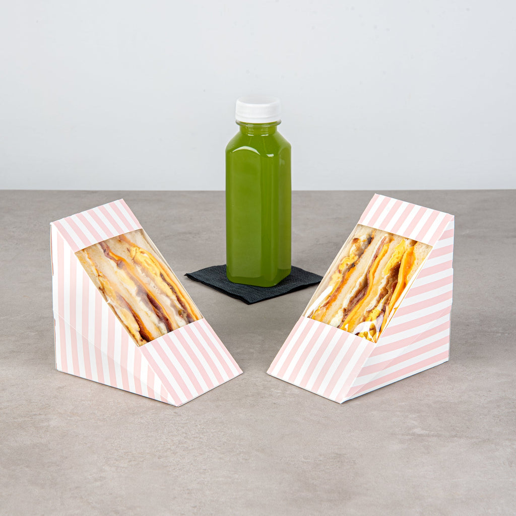 Cafe Vision Triangle Pink and White Stripe Paper Large Sandwich Box - 4 3/4" x 4 3/4" x 3 1/4" - 200 count box