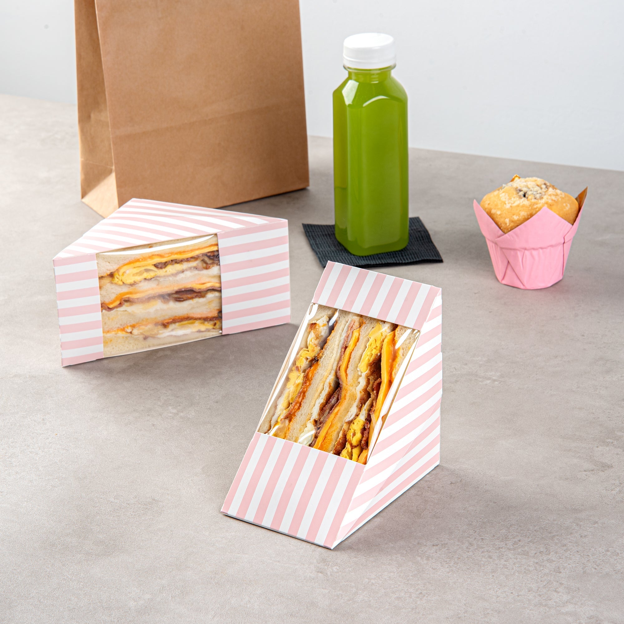 Cafe Vision Triangle Pink and White Stripe Paper Large Sandwich Box - 4 3/4" x 4 3/4" x 3 1/4" - 200 count box
