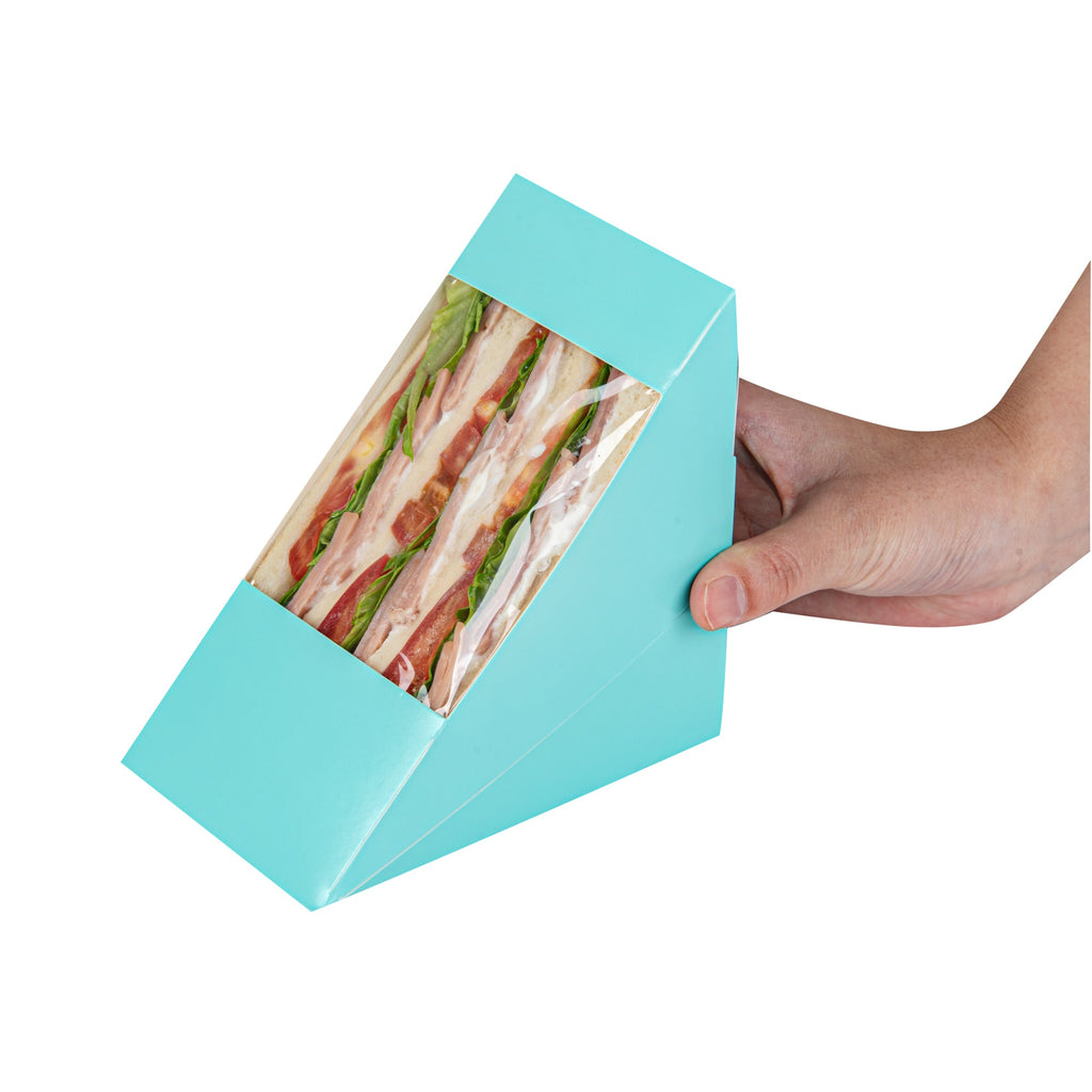 Cafe Vision Triangle Turquoise Paper Large Sandwich Box - 4 3/4" x 4 3/4" x 3 1/4" - 25 count box