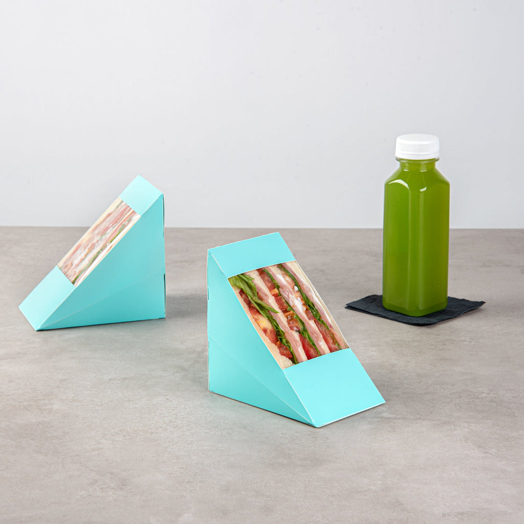 Cafe Vision Triangle Turquoise Paper Large Sandwich Box - 4 3/4" x 4 3/4" x 3 1/4" - 25 count box