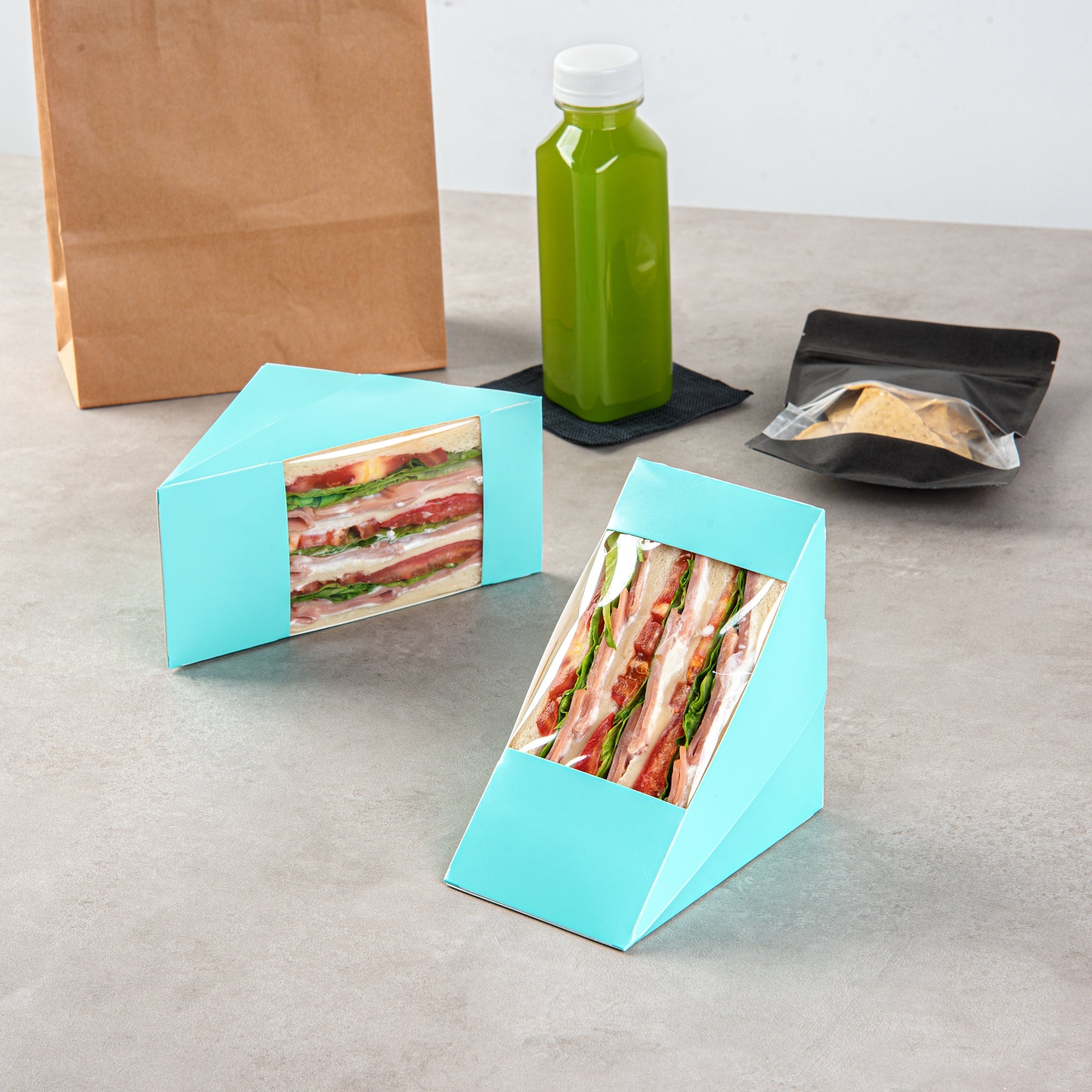 Cafe Vision Triangle Turquoise Paper Large Sandwich Box - 4 3/4" x 4 3/4" x 3 1/4" - 200 count box