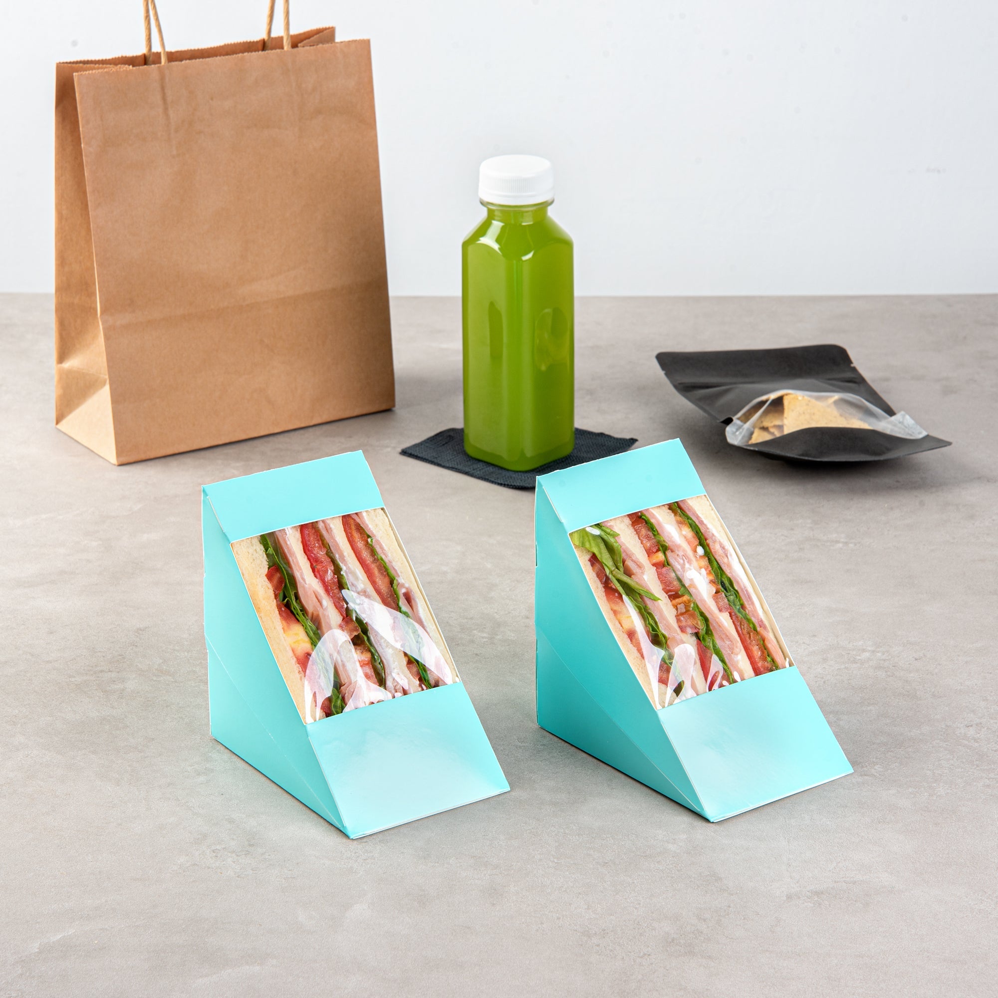 Cafe Vision Triangle Turquoise Paper Large Sandwich Box - 4 3/4" x 4 3/4" x 3 1/4" - 200 count box