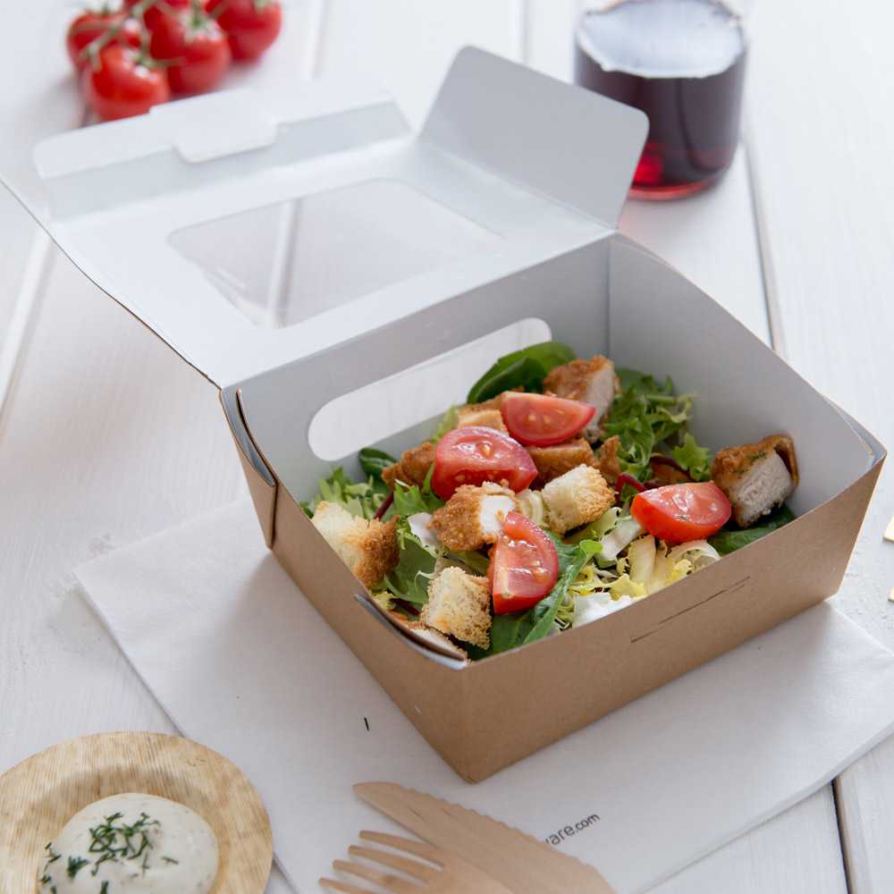 Cafe Vision 41 oz Rectangle Kraft Paper Large Bio Take Out Container - Two Windows - 5 1/4" x 6" x 2 1/2" - 200 count box
