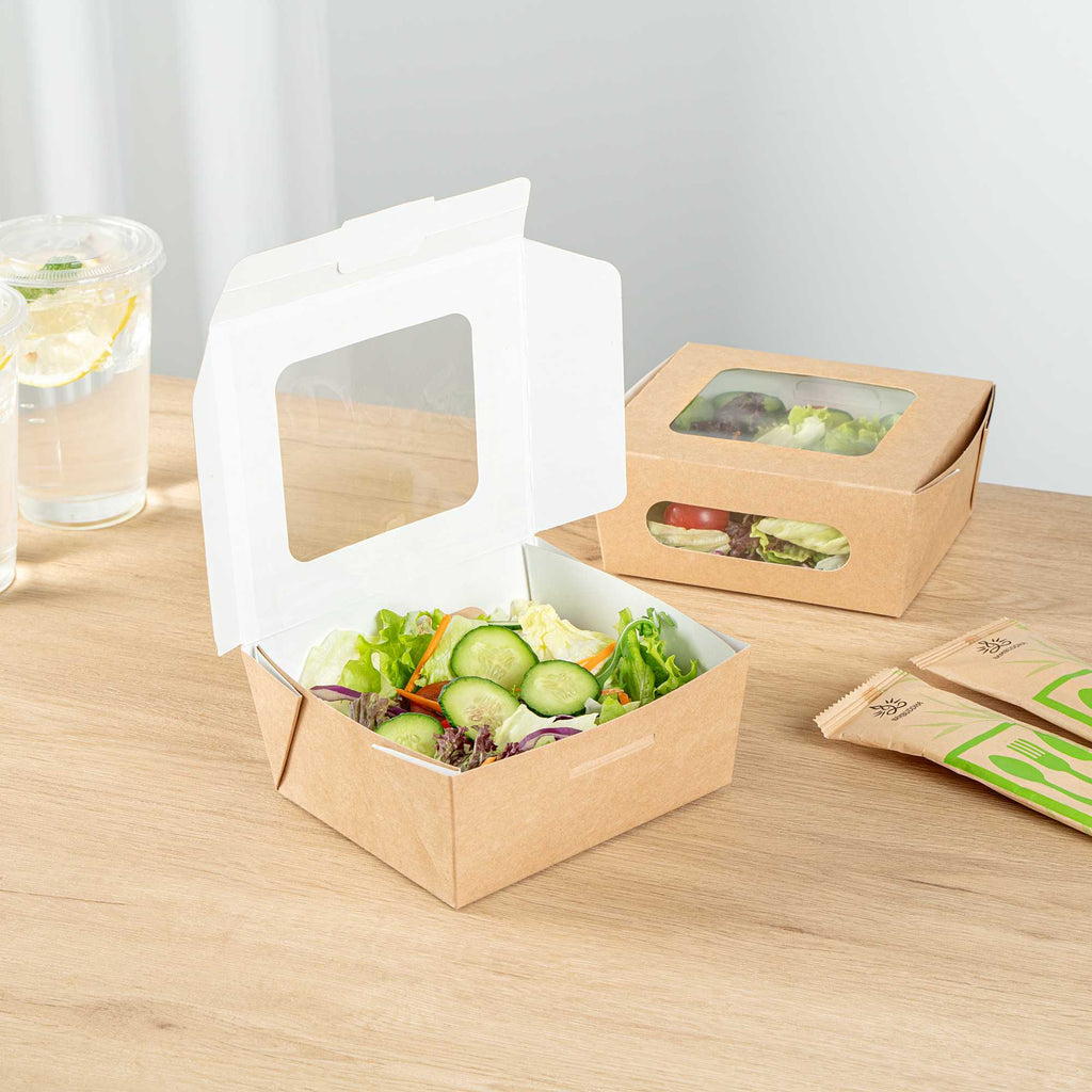Cafe Vision 41 oz Rectangle Kraft Paper Large Bio Take Out Container - Two Windows - 5 1/4" x 6" x 2 1/2" - 50 count box