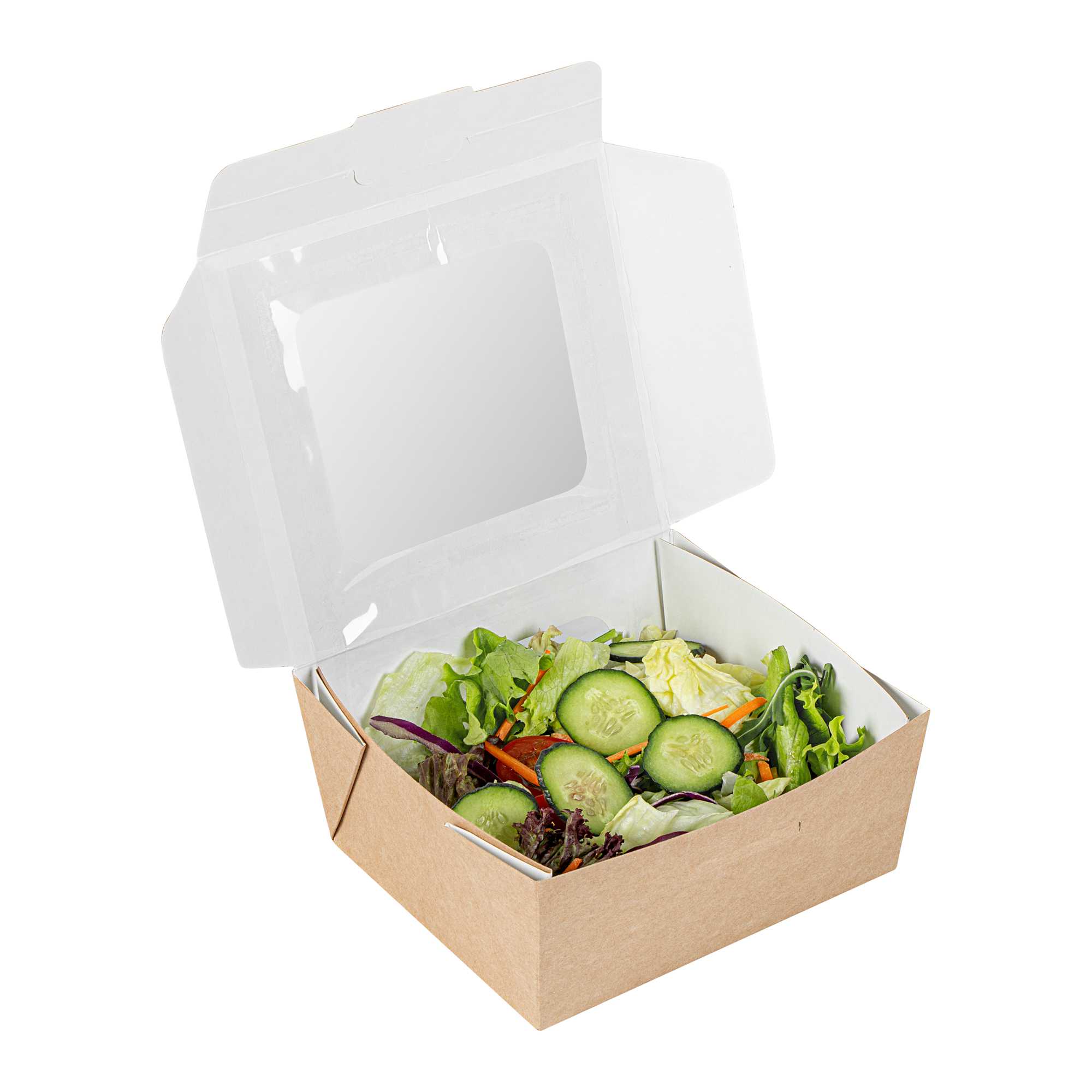 Cafe Vision 41 oz Rectangle Kraft Paper Large Bio Take Out Container - Two Windows - 5 1/4" x 6" x 2 1/2" - 50 count box
