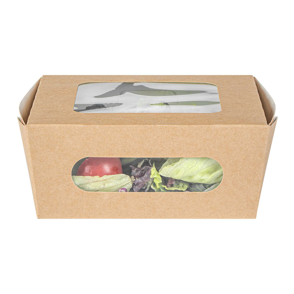 Cafe Vision 41 oz Rectangle Kraft Paper Large Bio Take Out Container - Two Windows - 5 1/4" x 6" x 2 1/2" - 50 count box