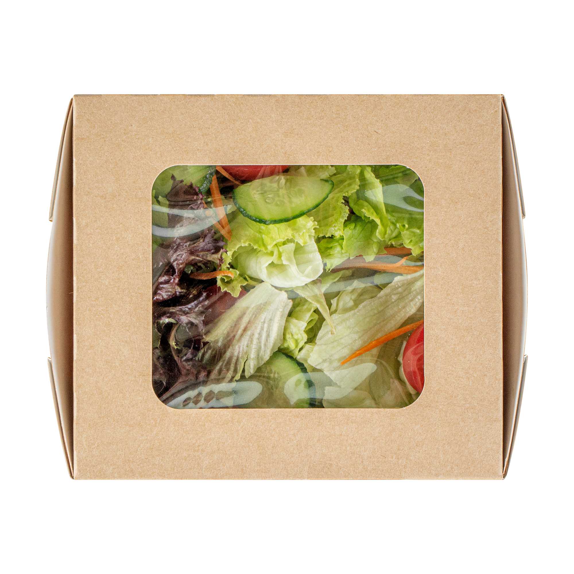 Cafe Vision 41 oz Rectangle Kraft Paper Large Bio Take Out Container - Two Windows - 5 1/4" x 6" x 2 1/2" - 50 count box