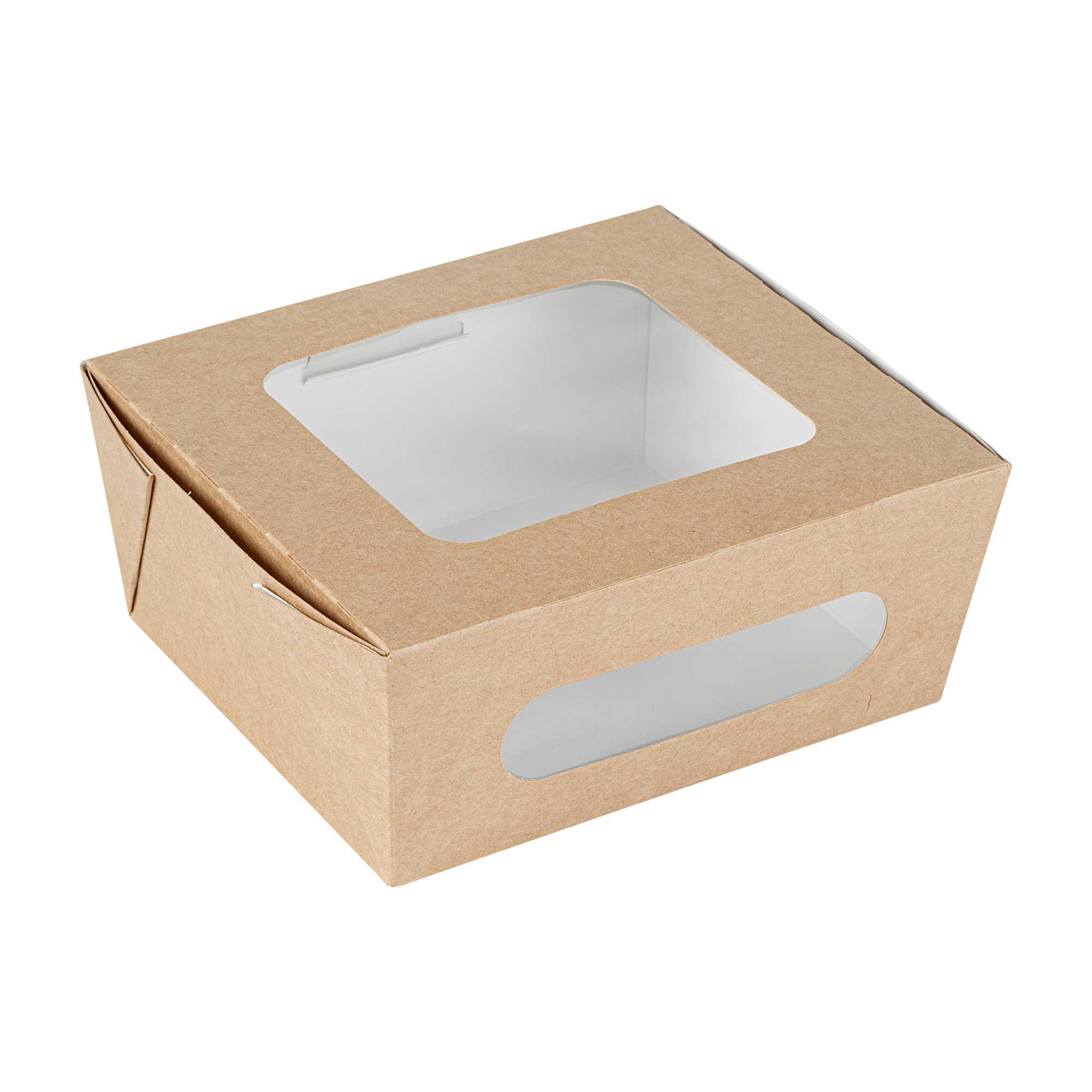 Cafe Vision 41 oz Rectangle Kraft Paper Large Bio Take Out Container - Two Windows - 5 1/4" x 6" x 2 1/2" - 50 count box