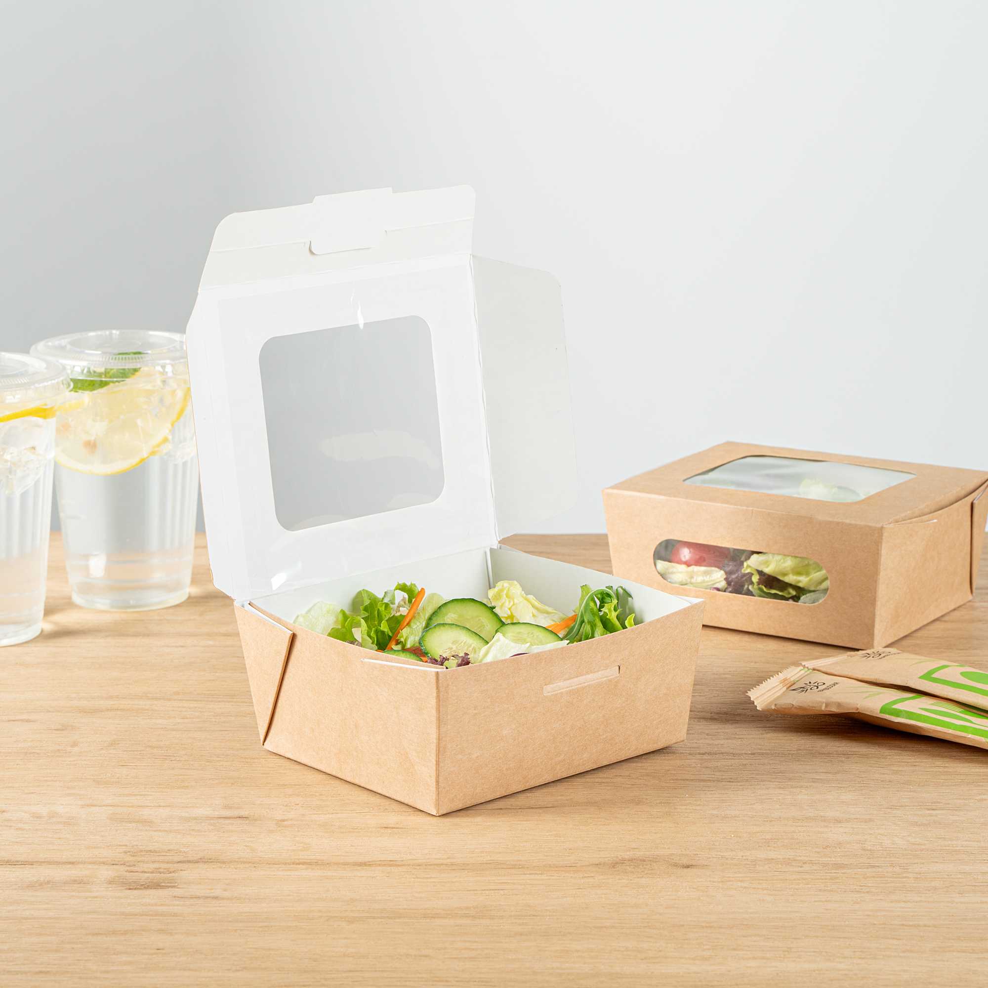 Cafe Vision 41 oz Rectangle Kraft Paper Large Bio Take Out Container - Two Windows - 5 1/4" x 6" x 2 1/2" - 50 count box