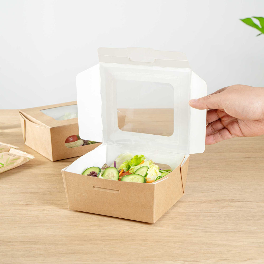 Cafe Vision 41 oz Rectangle Kraft Paper Large Bio Take Out Container - Two Windows - 5 1/4" x 6" x 2 1/2" - 50 count box